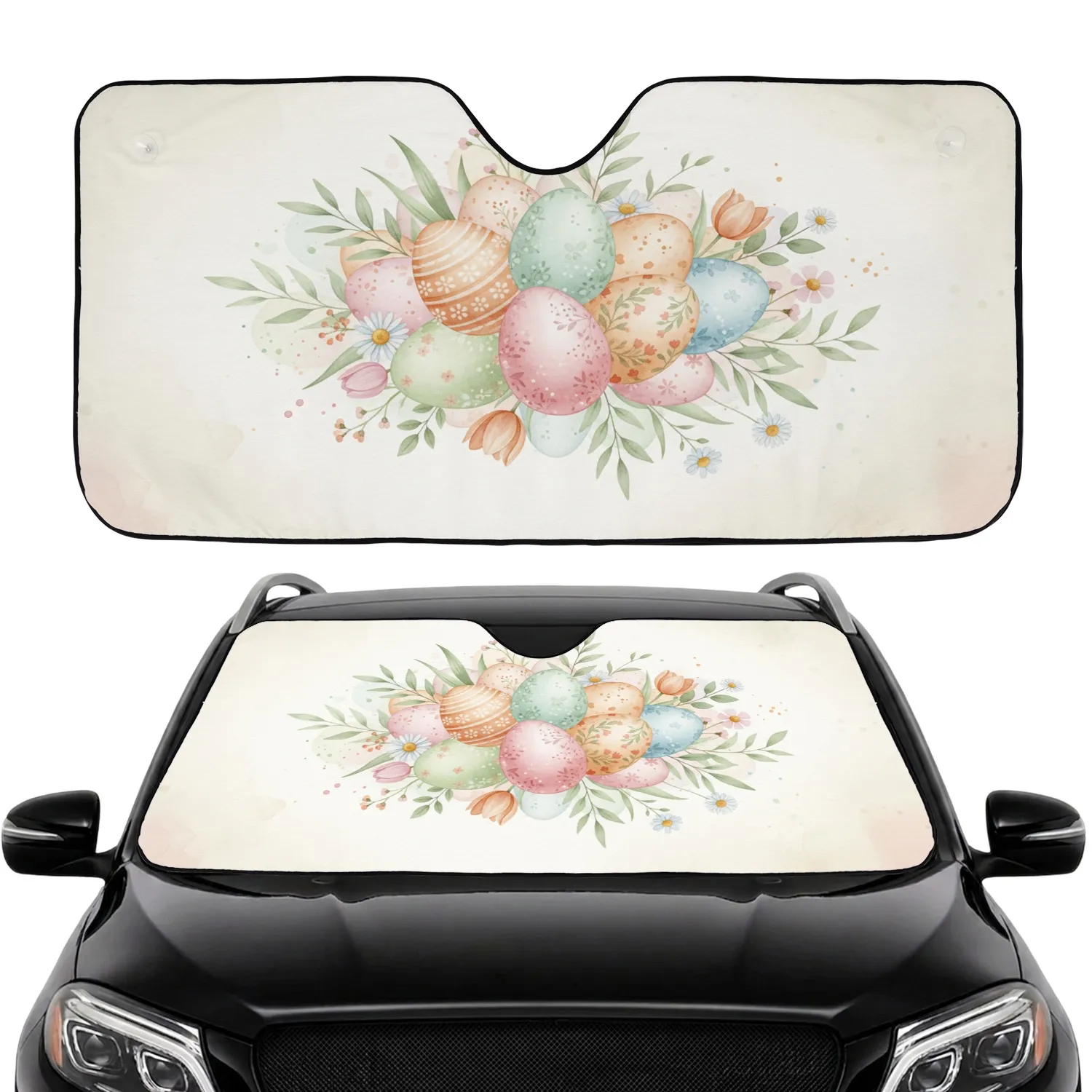 Decorated Easter Eggs Pastel Flowers Green Leaves Car Interior Upgrade Car Sunshade - 1