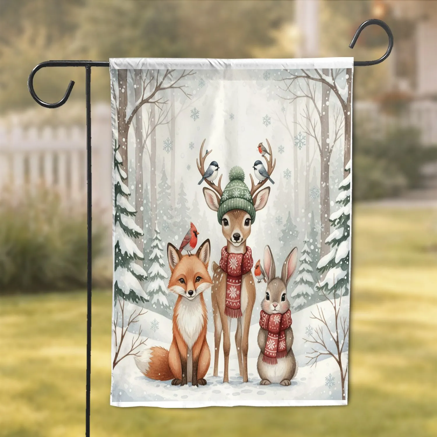 Deer Fox Bunny Winter Woodland - Christmas Holiday Home Decor Gift for Wildlife Lovers Garden Flag - 1