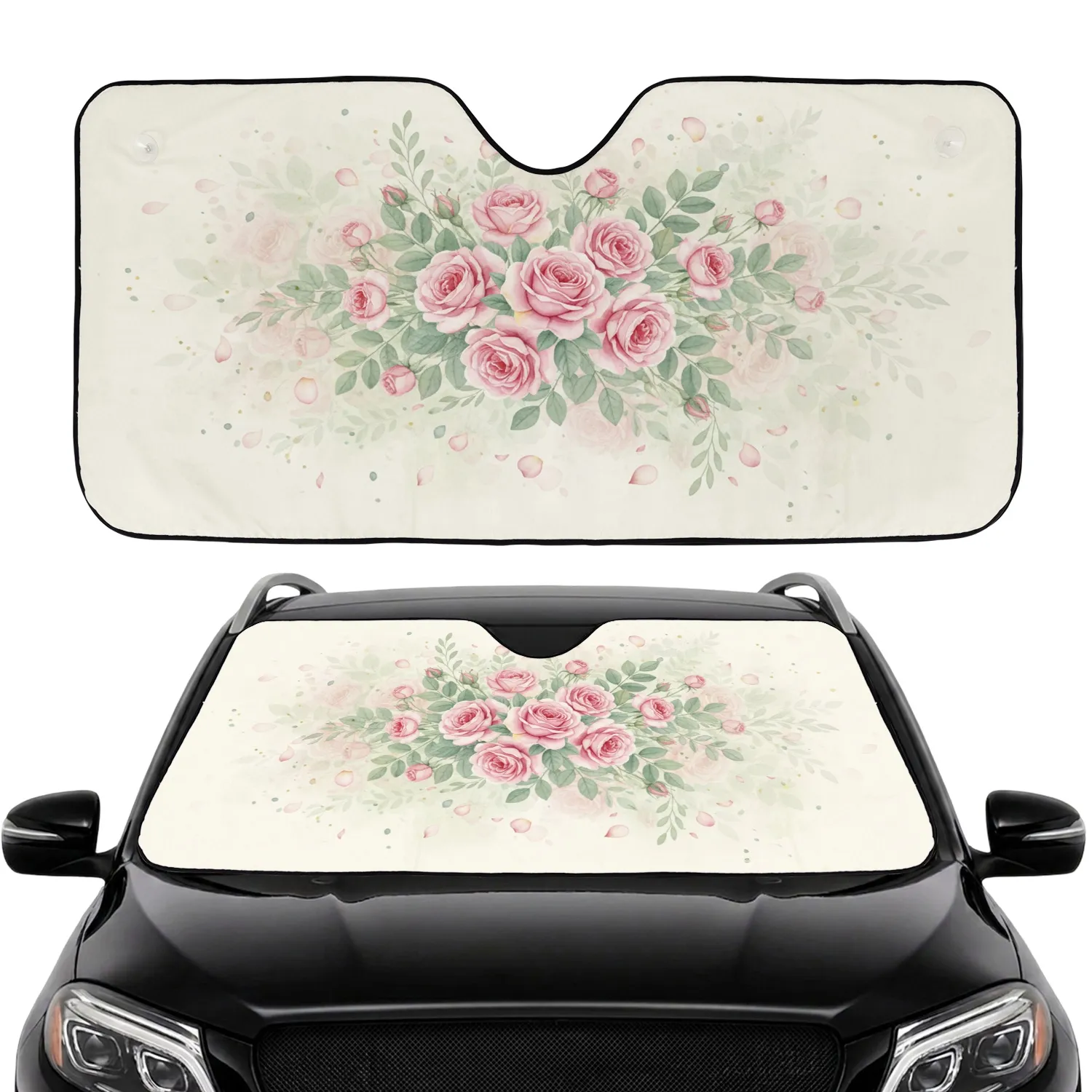 Elegant Pink Rose Garden Sage Green Leaves - Road Trip Travel Essential Car Sunshade - 1