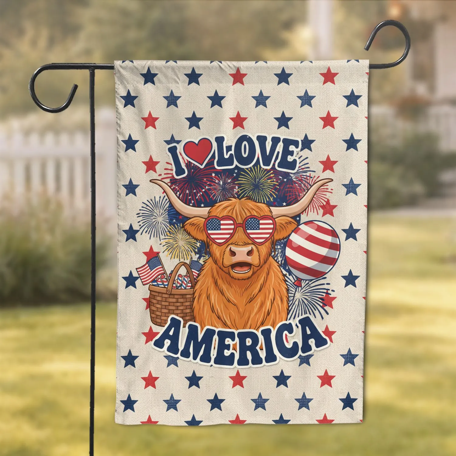 Highland Cow with Fireworks America's 250th Anniversary - Independence Day Celebration Garden Flag - 1