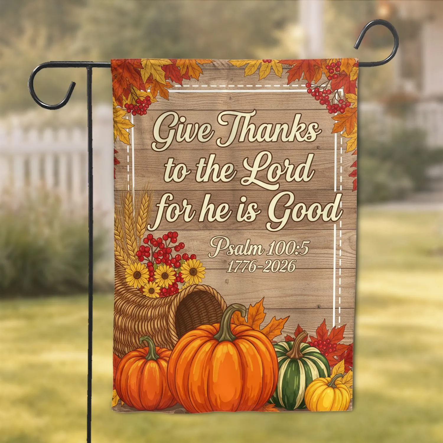 Give Thanks Psalm 100:5 Cornucopia Pumpkins - Thanksgiving Harvest Decor Garden Flag - 1
