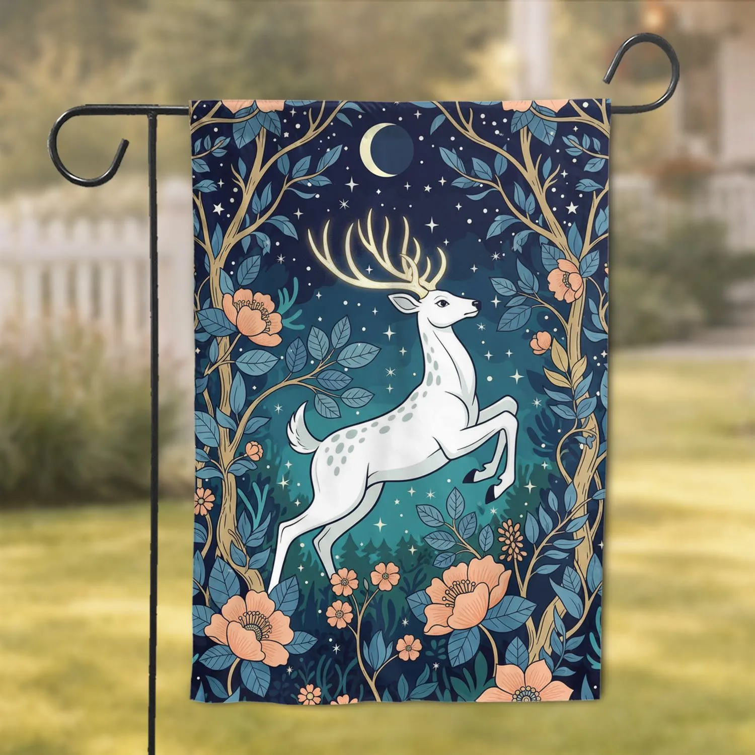 White Deer Golden Antlers Moon Flowers Night Sky - Wildlife Home Decor Gift Garden Flag - 1