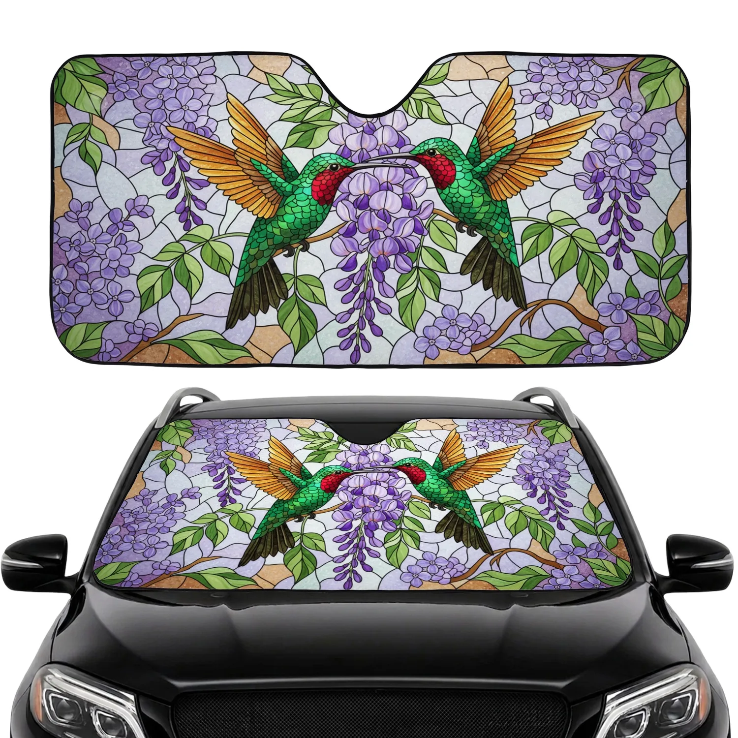 Hummingbird Lilac Blossom Stained Glass - Road Trip Travel Essentials Car Sunshade - 1