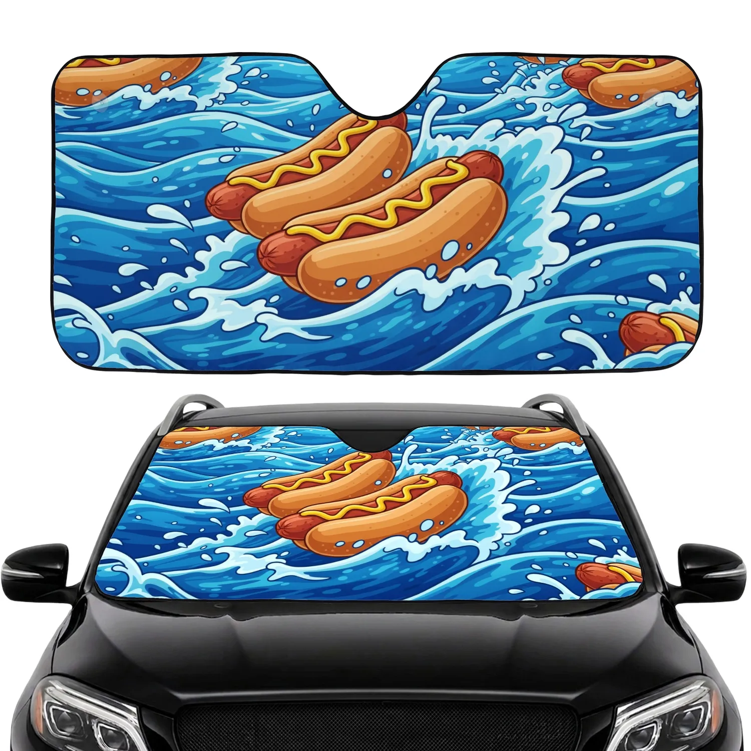 Hot Dogs Buns Mustard Surfing Ocean Waves Car Interior Upgrade Car Sunshade - 1