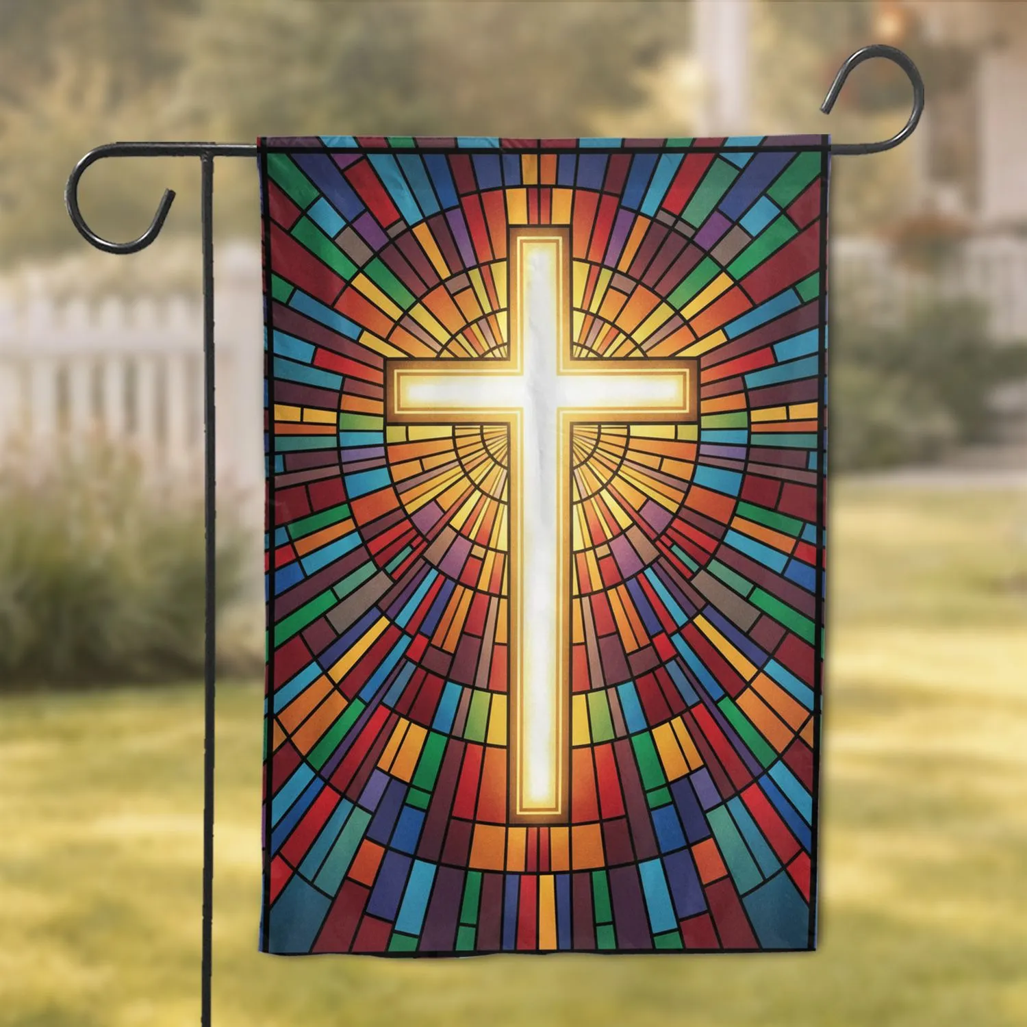 Christian Cross Stained Glass Pane Mosaic - Devotional Home Decor Gift for Christians Garden Flag - 1
