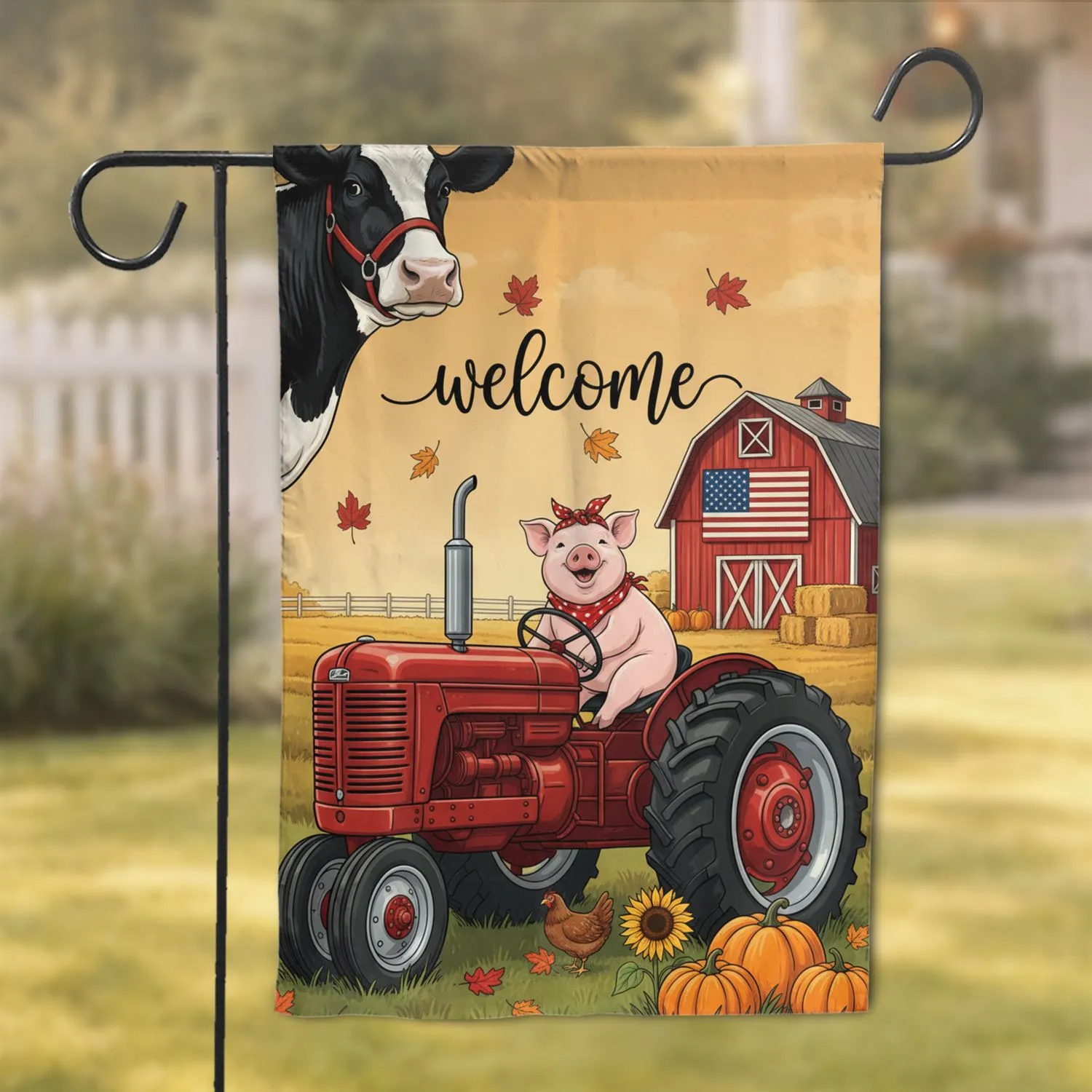 Welcome Pig Driving Tractor Dairy Cow Autumn Decor Farmhouse Gift Garden Flag - 1