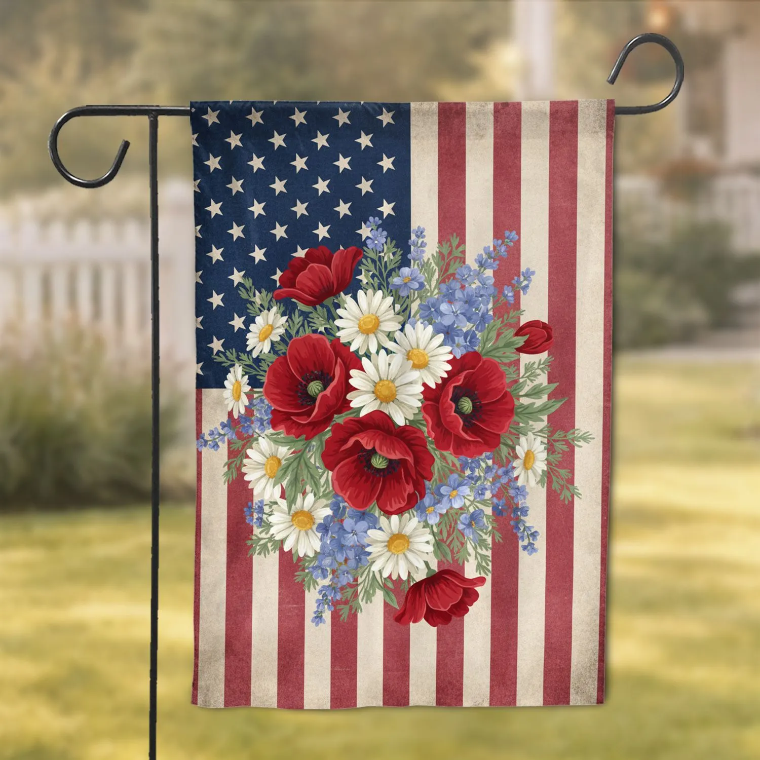 Poppies Daisies Wildflowers American Flag Bouquet - Independence Day Decor for Home Garden Flag - 1