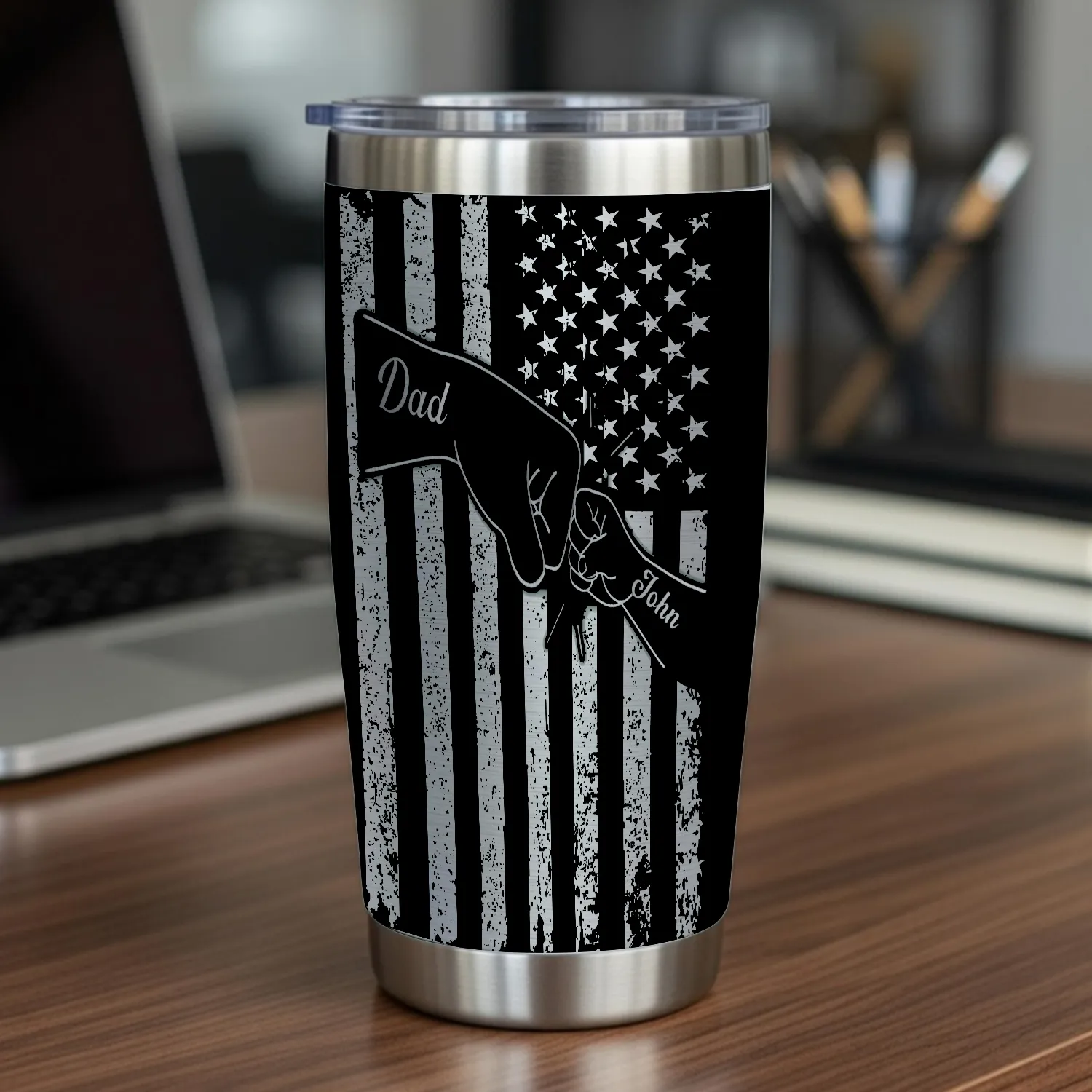 Engraved Dad Fist Bump Kids Names Tumbler, Fathers Day Gift for Daddy, Laser Engraved 20oz Stainless Steel Cup, Personalised Tumbler for Dad - 1