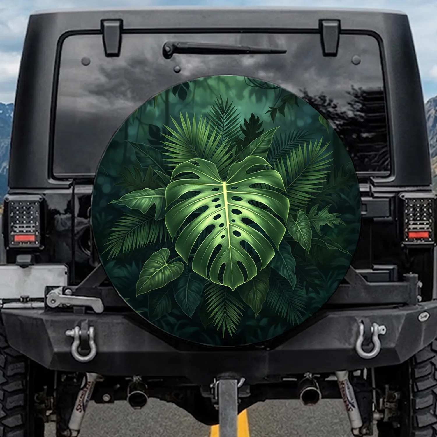 High Contrast Monstera Palm Jungle Foliage - Greenery Travel Essential Spare Tire Cover - 1