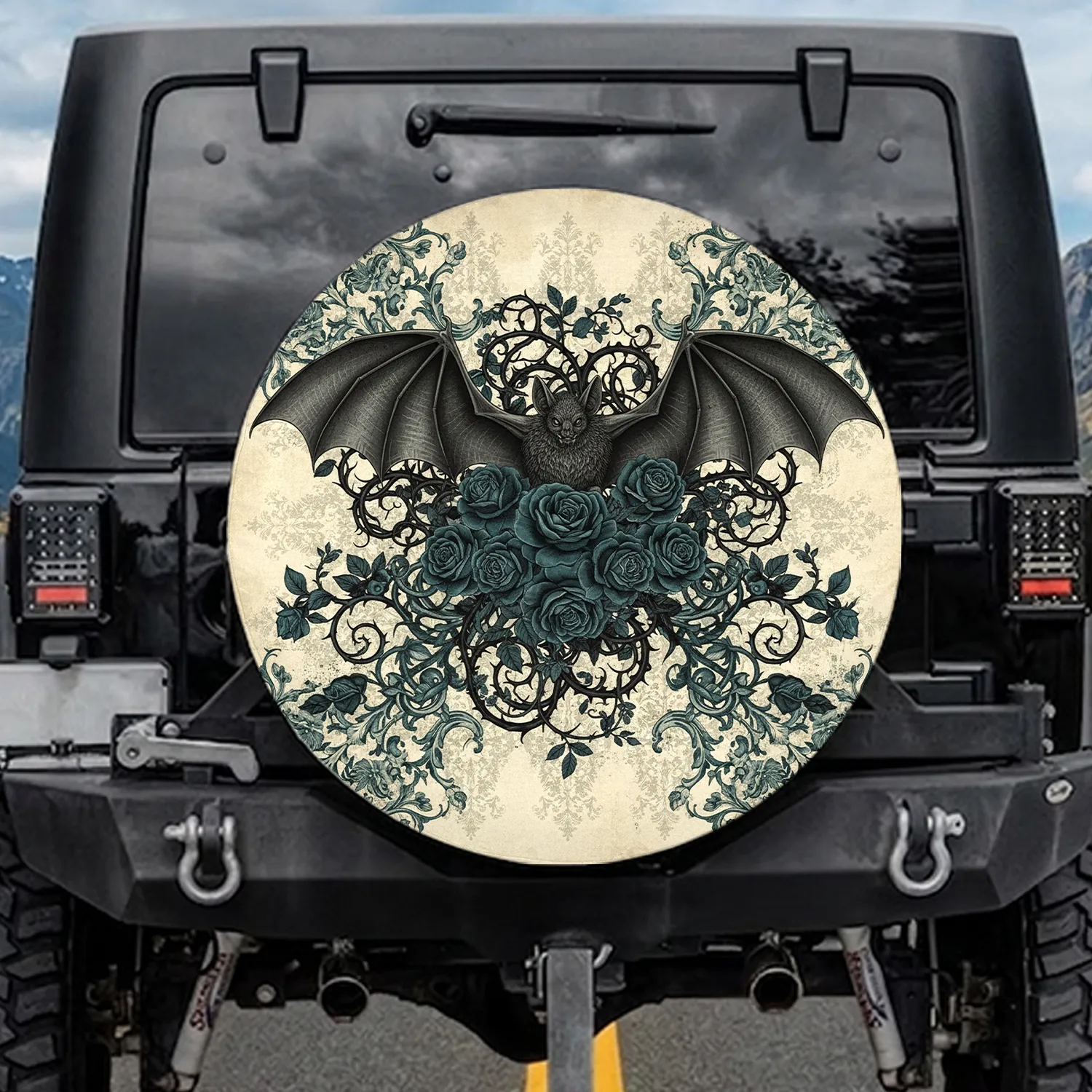 Majestic Bat Roses Thorny Vines Gothic Scrolls - Bat Lover Vehicle Decor Gift Spare Tire Cover - 1