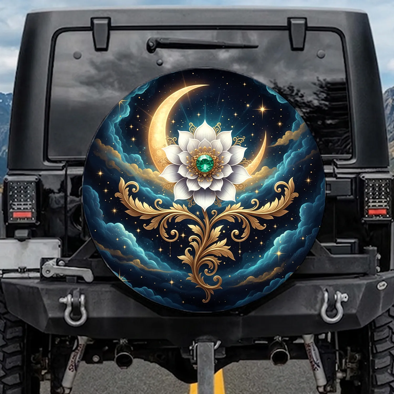 Emerald Gemstone Golden Moon Stars White Flower Home Decor Gift Spare Tire Cover - 1