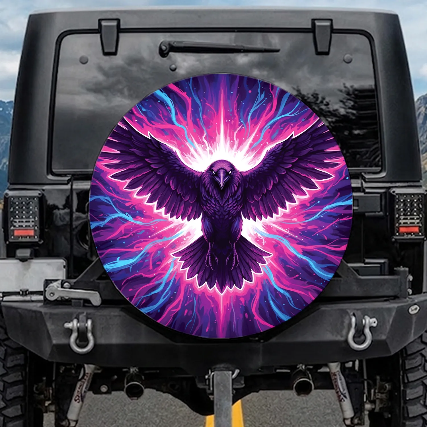 Purple Winged Raven Cosmic Energy Burst - Mystical Art Gift for Fantasy Lover Spare Tire Cover - 1