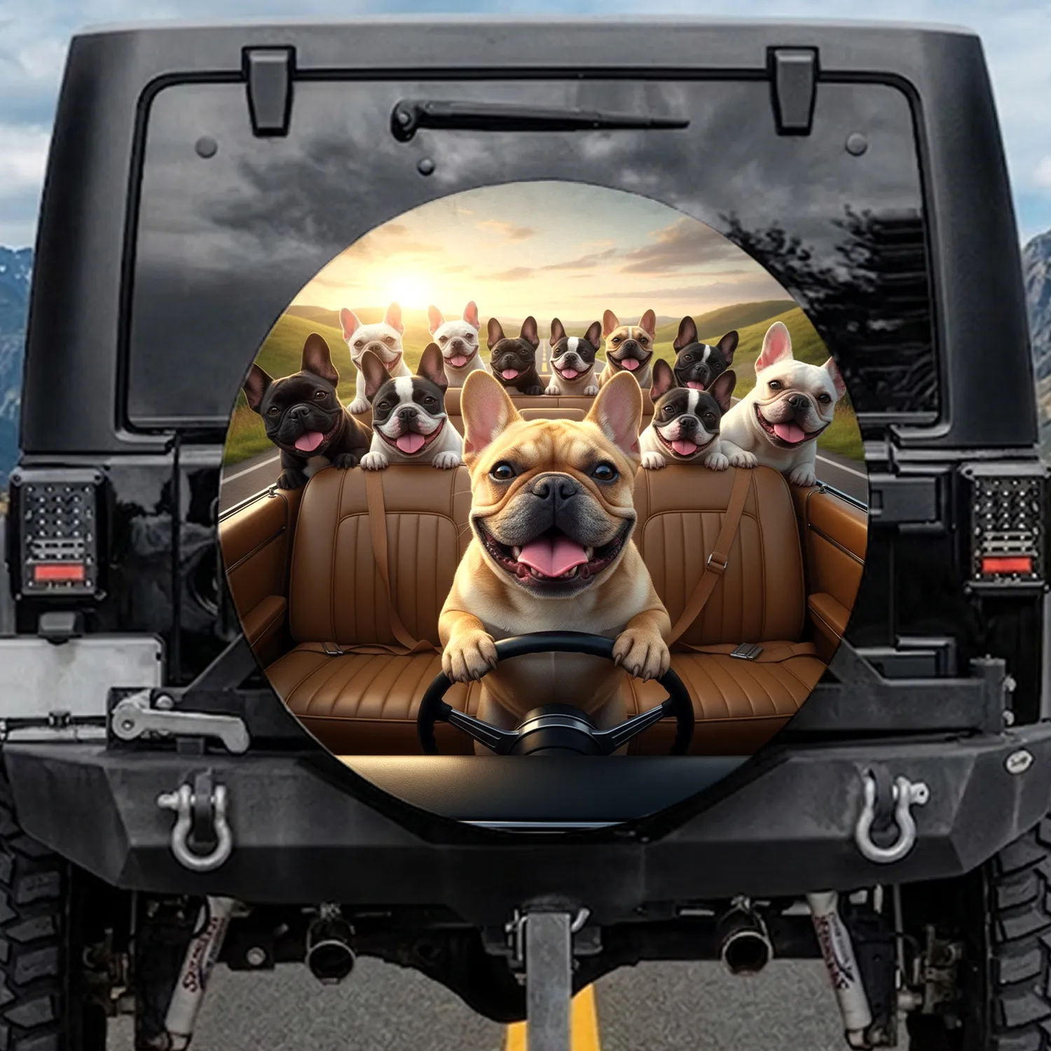 Happy Fawn French Bulldog & Diverse French Bulldogs Car Ride - Dog Lover Travel Gift Spare Tire Cover - 1