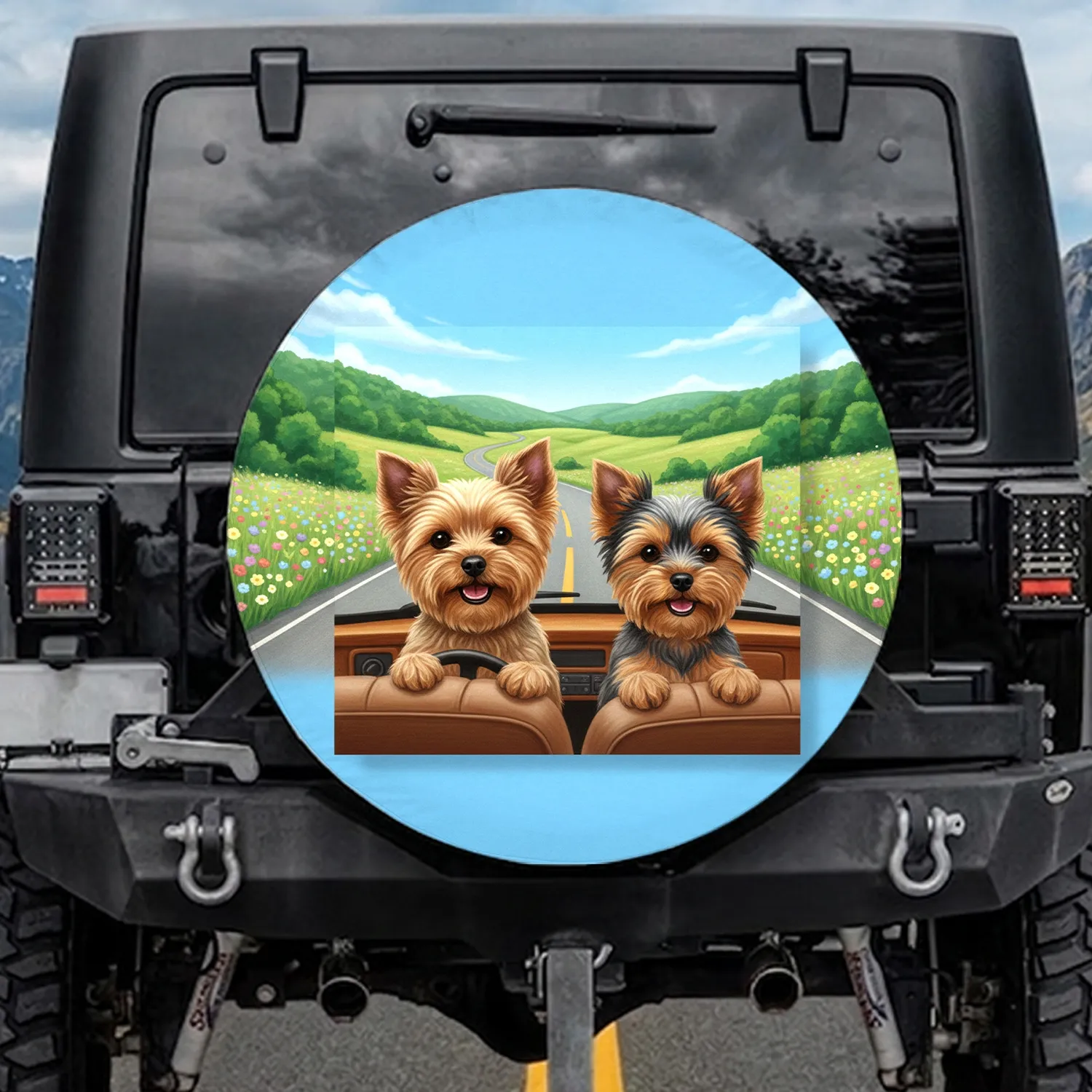 Yorkshire Terriers Driving Road Trip Wildflowers - Dog Lover Travel Gift Spare Tire Cover - 1