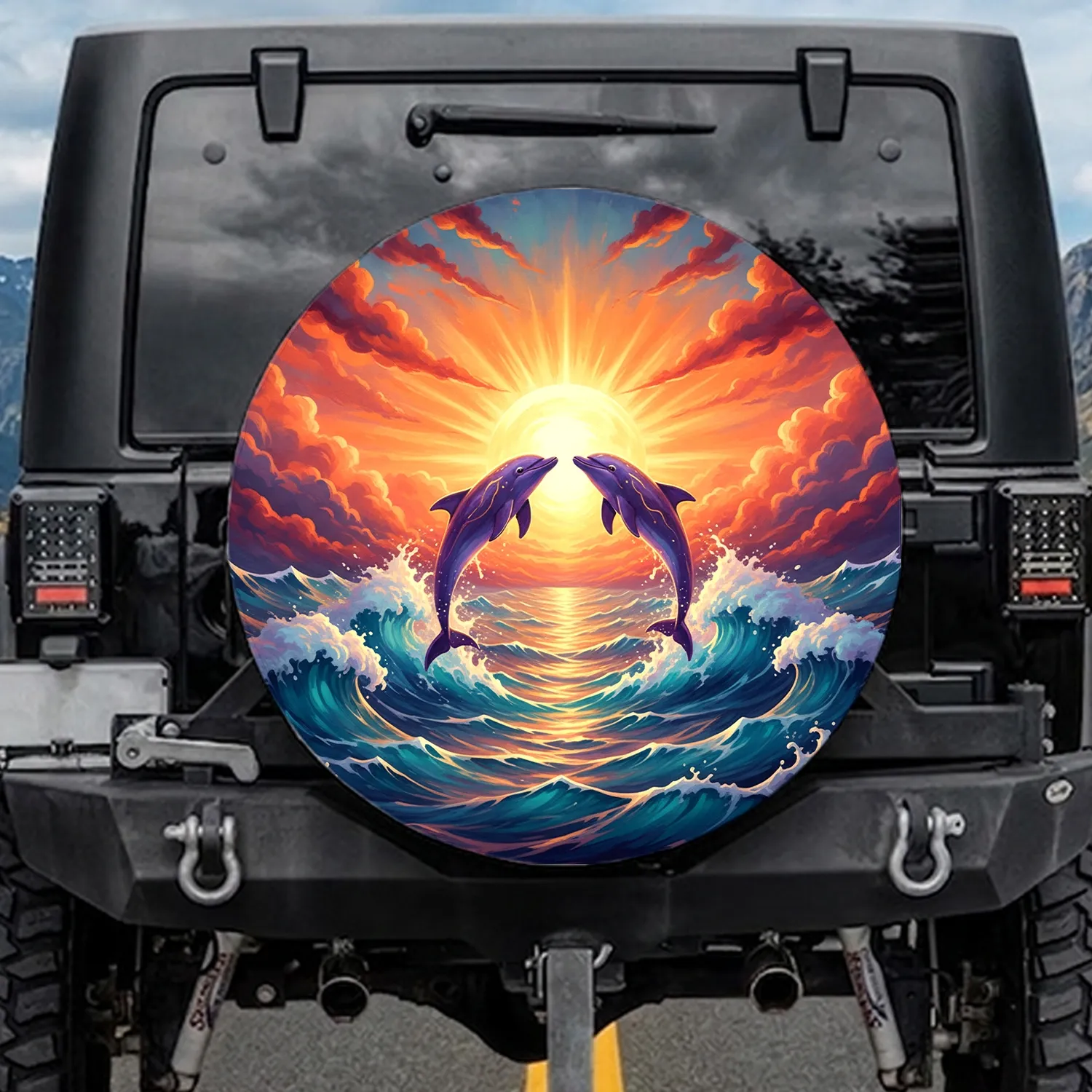 Leaping Purple Dolphins Ocean Waves Oceanic Sky - Wildlife Lover Gift Spare Tire Cover - 1
