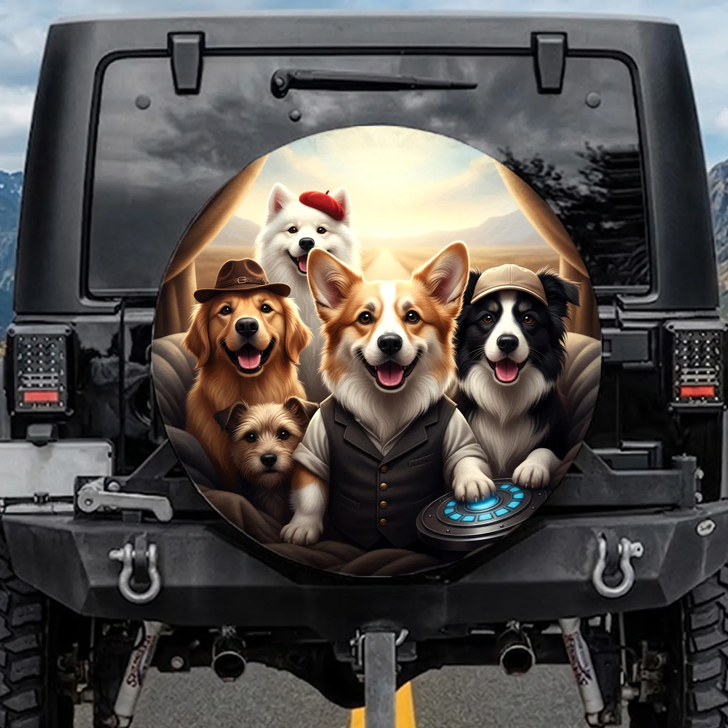 Happy Dogs Wearing Hats Group Portrait with Corgi - Adventure Dog Lover Gift Spare Tire Cover - 1