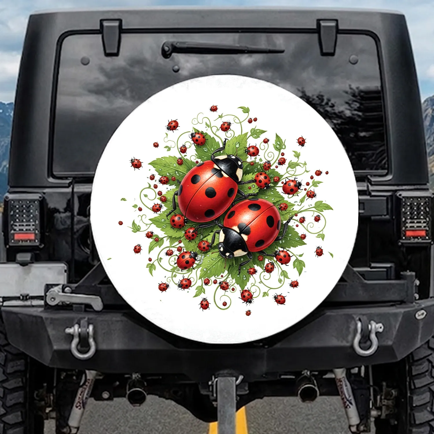 Red Black Ladybugs Forest Leaves - Wildlife Lover Home Decor Gift for Ladybug Lover Spare Tire Cover - 1