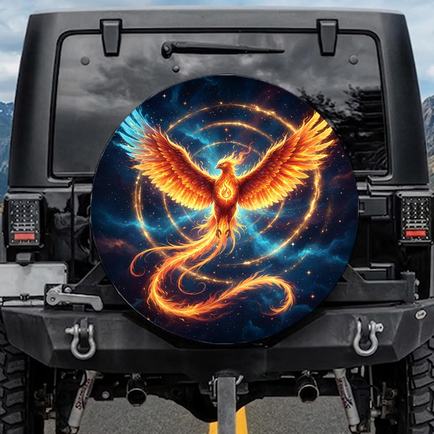 Fiery Phoenix Cosmic Flight - Adventure Gear for Outdoor Enthusiast Spare Tire Cover - 1