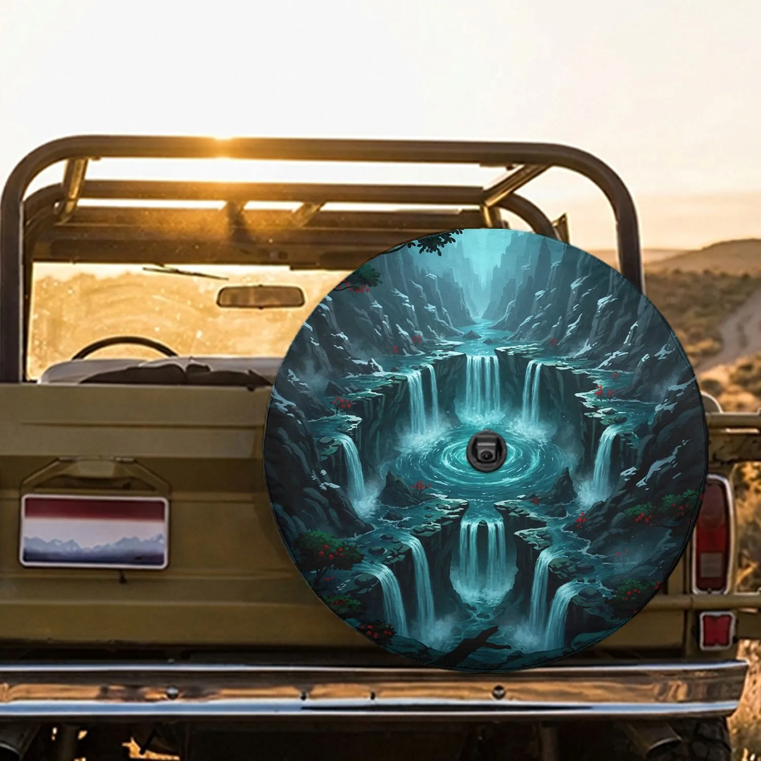 Glowing Turquoise Vortex Canyon Waterfalls Jagged Cliffs - Adventure Travel Spare Tire Cover - 1