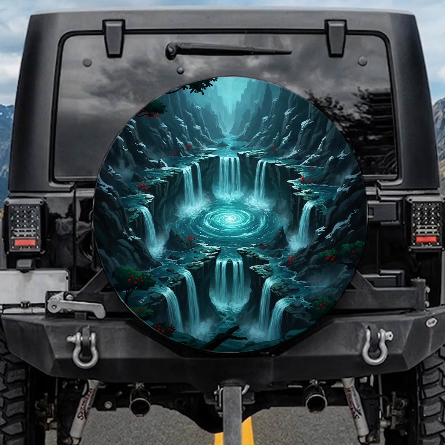 Glowing Turquoise Vortex Canyon Waterfalls Jagged Cliffs - Adventure Travel Spare Tire Cover - 1