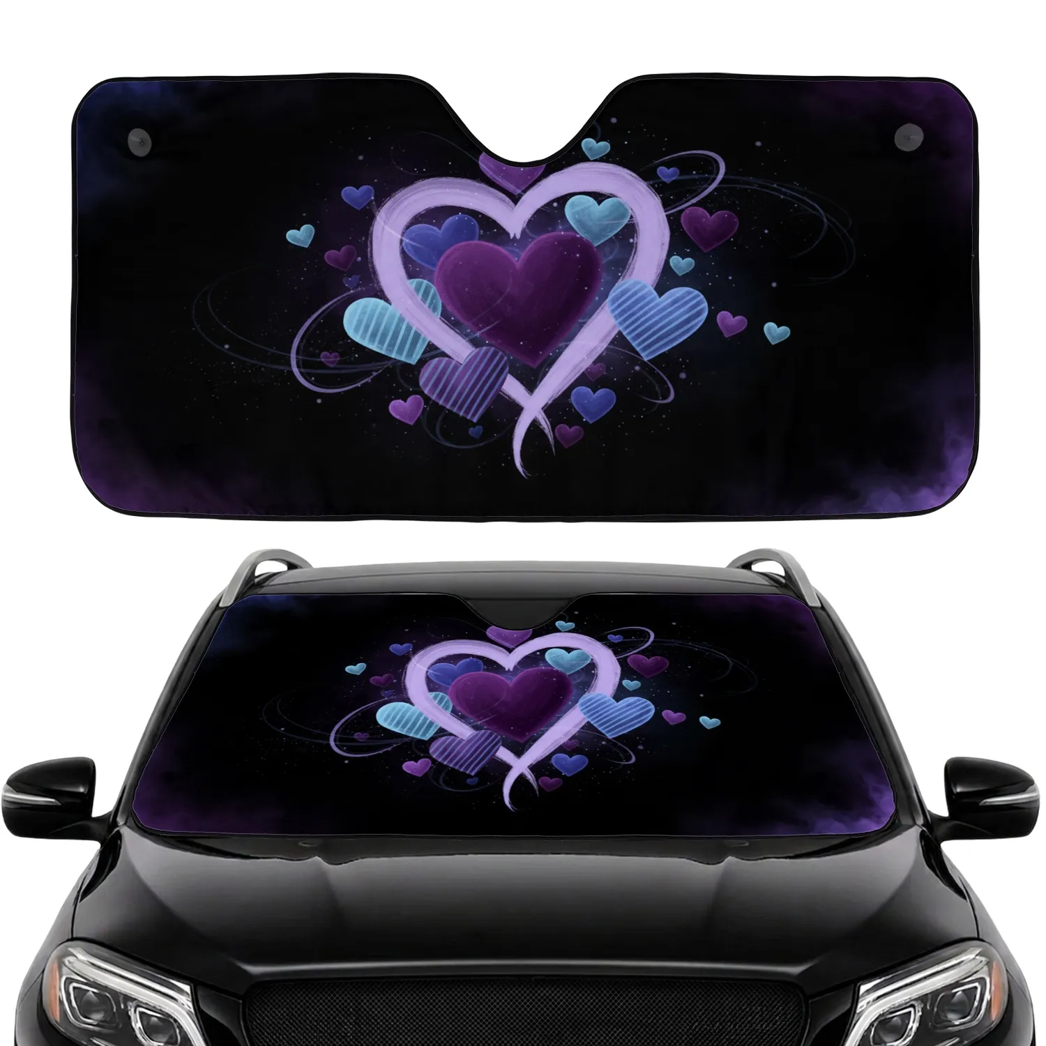 Swirling Ethereal Cosmic Lavender Violet Sky Blue Hearts - Road Trip Travel Accessory Car Sunshade - 1