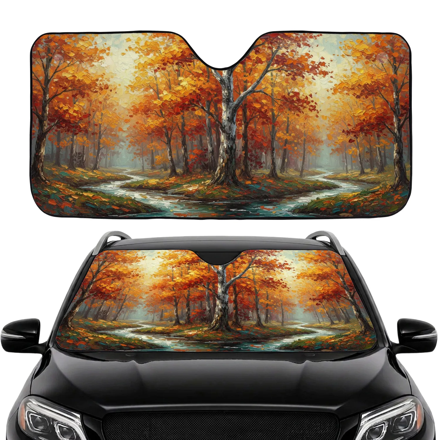 Dense Grove Autumn Trees Meandering Stream Forest Landscape - Thoughtful Road Trip Gift Car Sunshade - 1