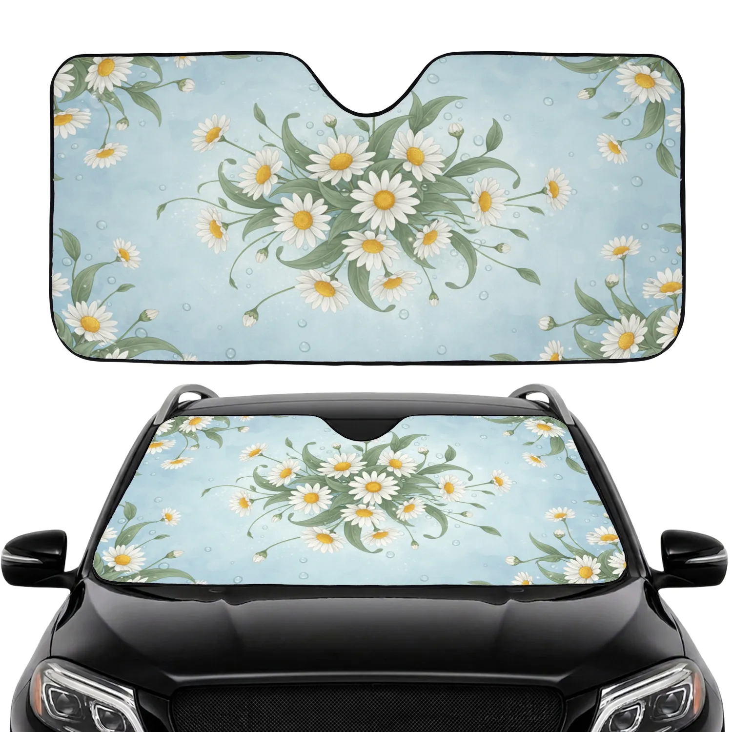 Botanical Delicate Daisy Flowers Green Leaves Dewdrops - Car Interior Upgrade Car Sunshade - 1