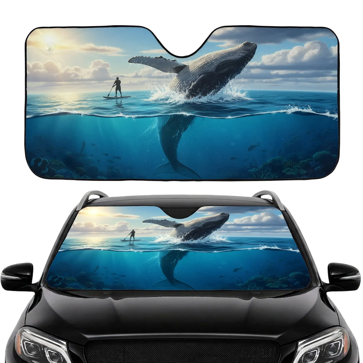 Breaching Humpback Whale Paddleboarder Sunburst Ocean Scenery - Car Interior Upgrade Car Sunshade - 1