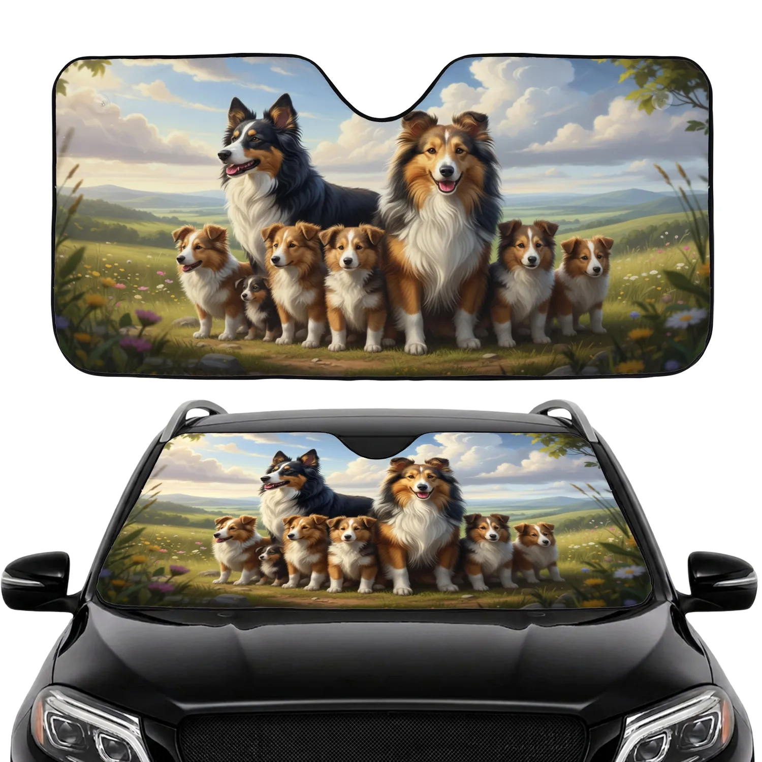 Adventurous Dog Pack Landscape - Road Trip Car Interior Upgrade for Dog Lovers Car Sunshade - 1