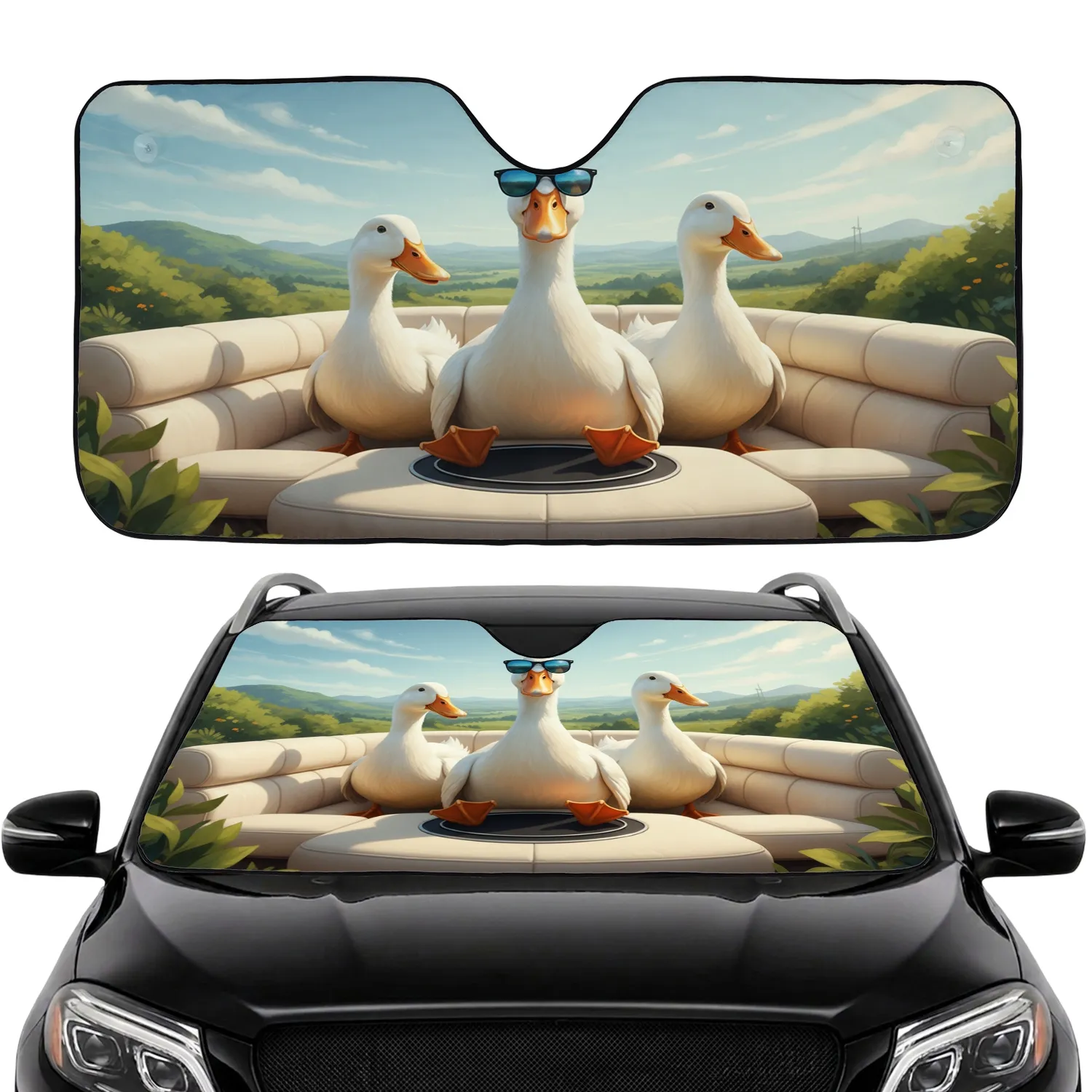 Three White Ducks with Sunglasses Scenic Drive - Road Trip Gift for Duck Lover Car Sunshade - 1
