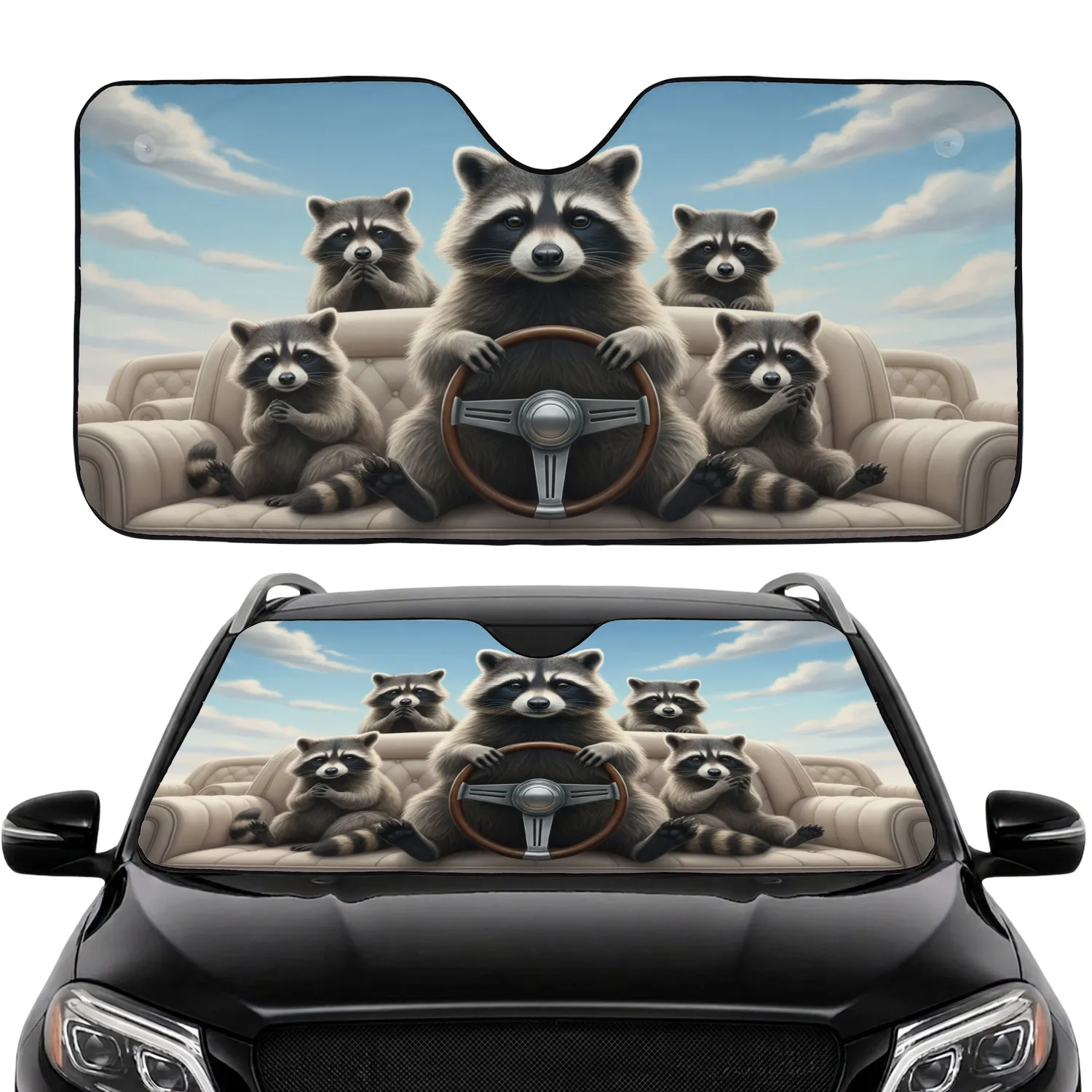 Gathering of Realistic Raccoons Driving Under Clouds - Road Trip Car Interior Upgrade Car Sunshade - 1