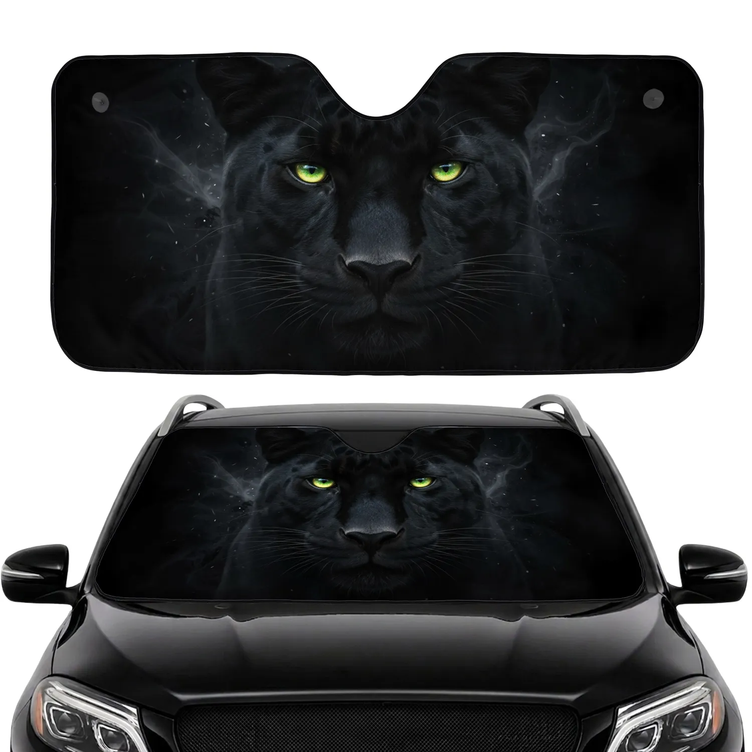 Majestic Black Panther Intense Gaze Yellow-Green Eyes - Car Interior Upgrade Road Trip Gift Car Sunshade - 1