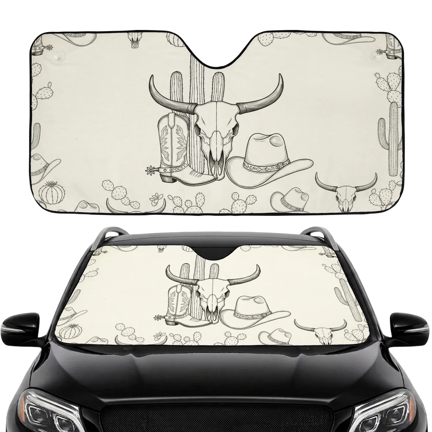 Majestic Bull Skull Cowboy Hat Boots Cinematic Desert Road Trip Gift Car Sunshade - 1