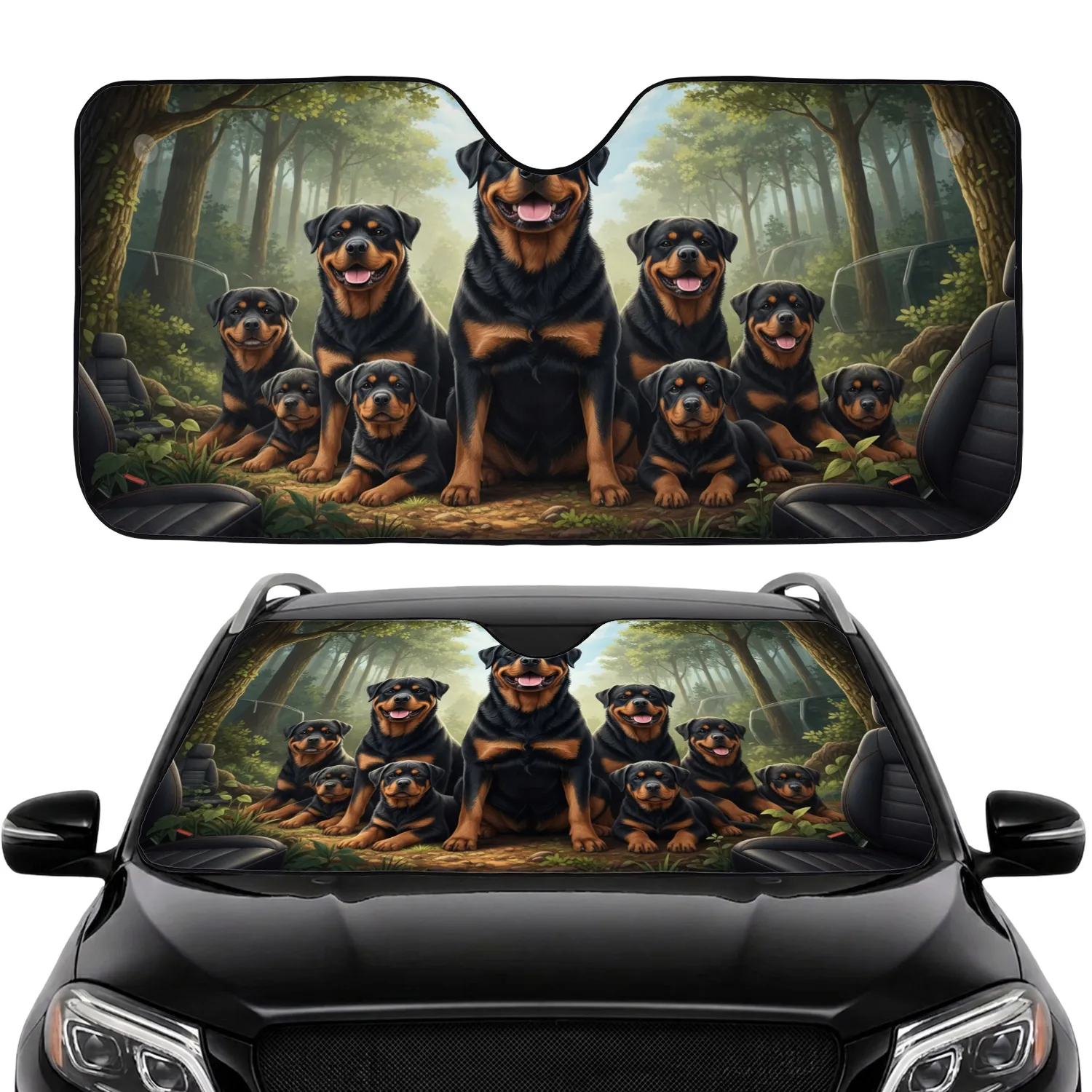 Rottweiler Dogs Puppies Forest Scene - Car Interior Upgrade Dog Lover Gift Car Sunshade - 1