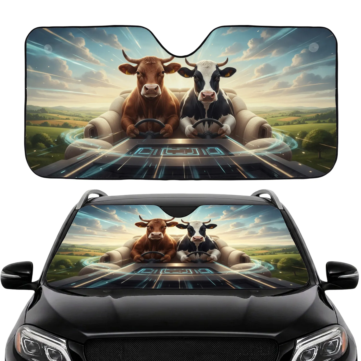 Brown Holstein Cow Driving Steering Wheel - Car Interior Upgrade for Cow Lover Car Sunshade - 1