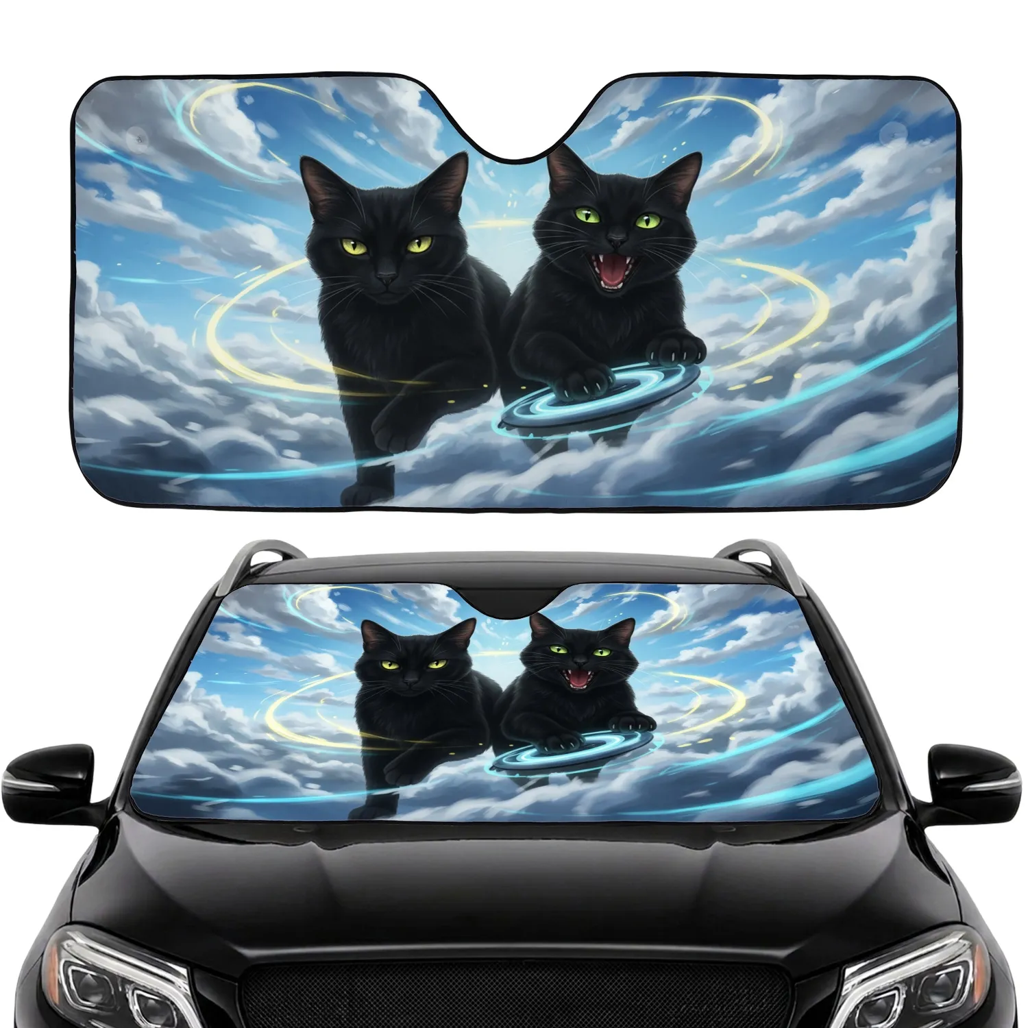 Black Cats Joyful Adventure Sky Clouds - Road Trip Gift for Cat Lover Car Sunshade - 1
