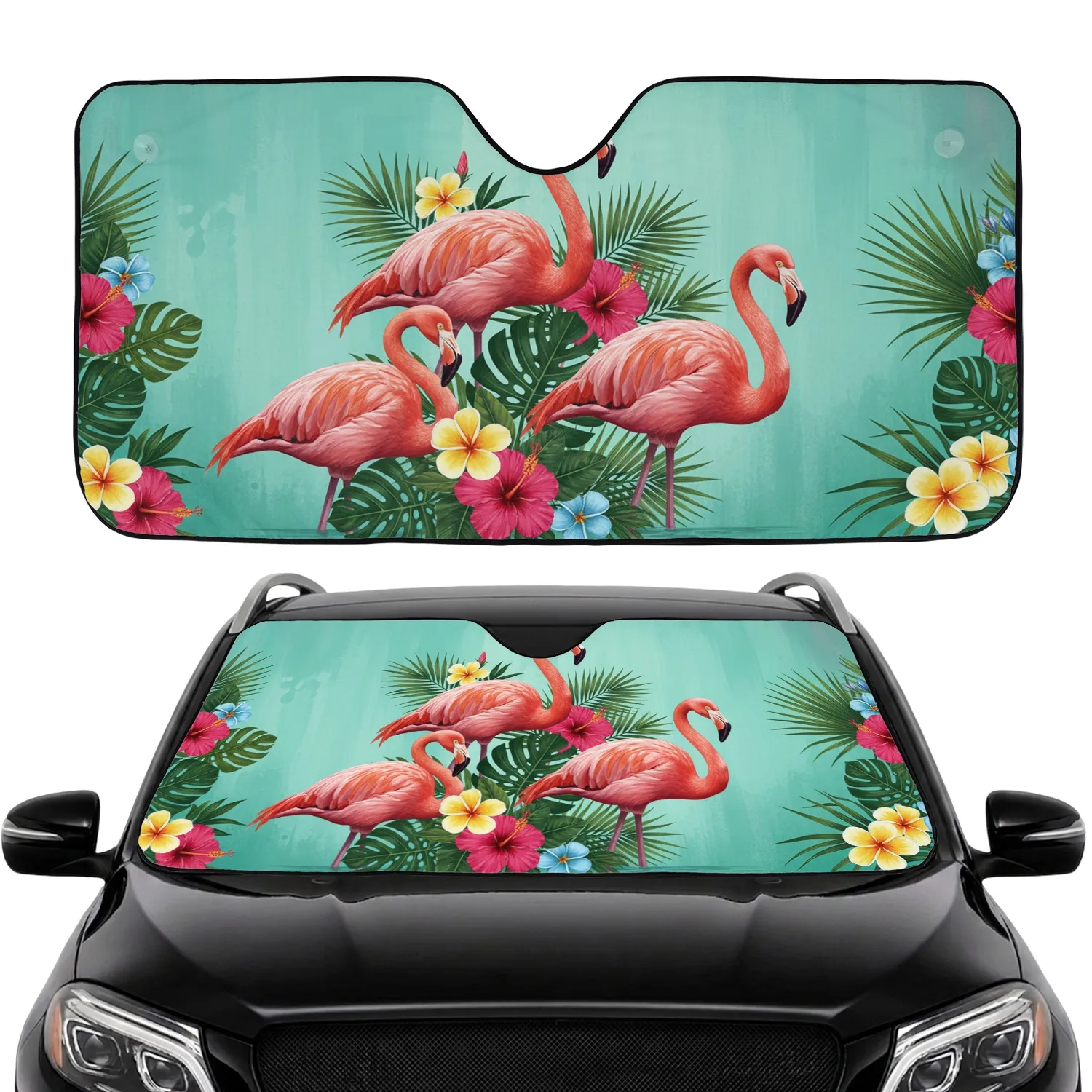 Flamingos Tropical Flowers Palm - Road Trip Travel Accessory Flamingo Lover Gift Car Sunshade - 1