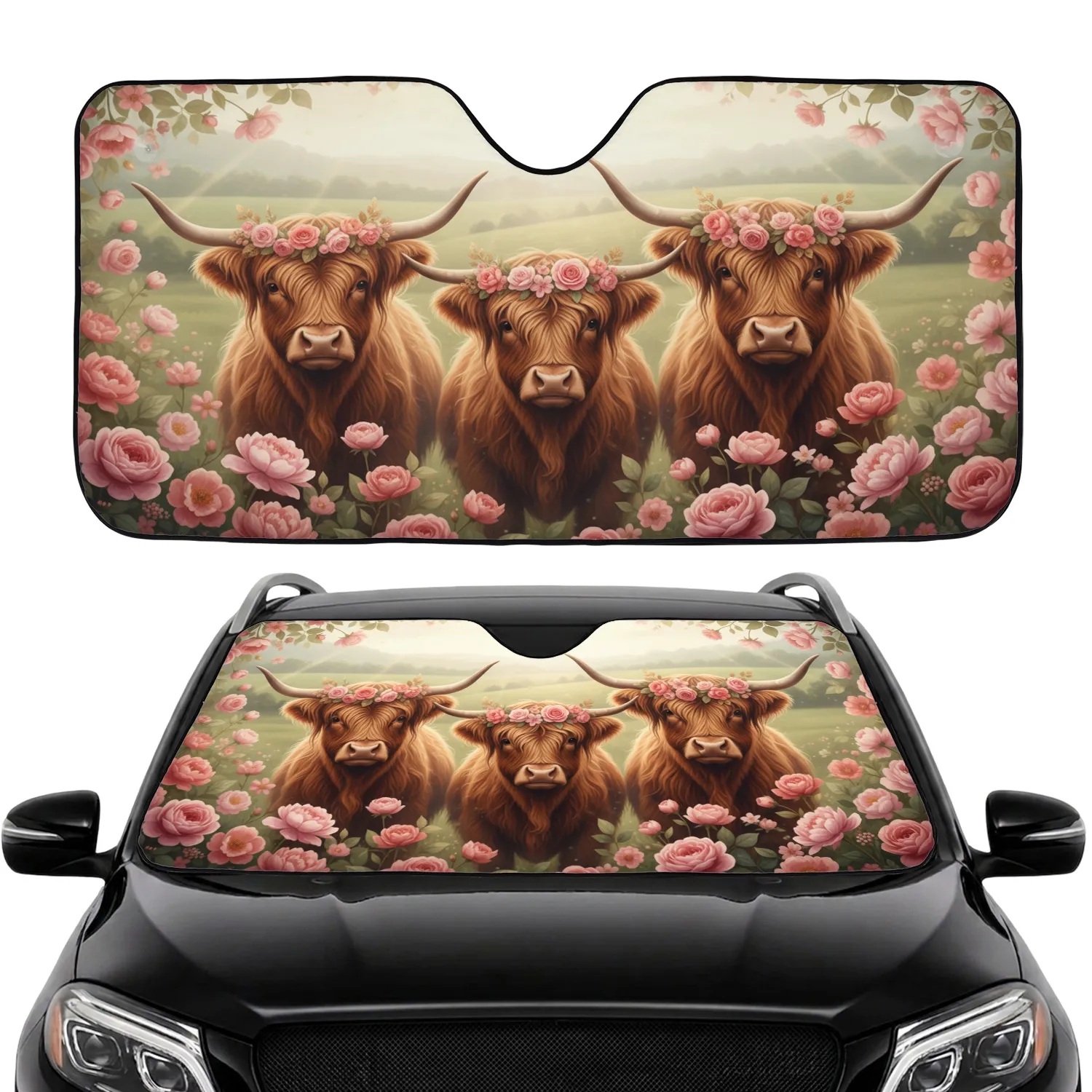 Highland Cow Floral Wreath Pastoral Scene - Road Trip Gift for Cow Lovers Car Sunshade - 1