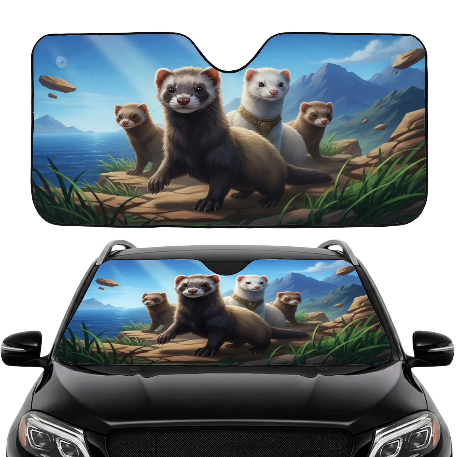 Realistic Ferrets Coastal Ocean Mountains - Road Trip Gift for Ferret Lover Car Sunshade - 1