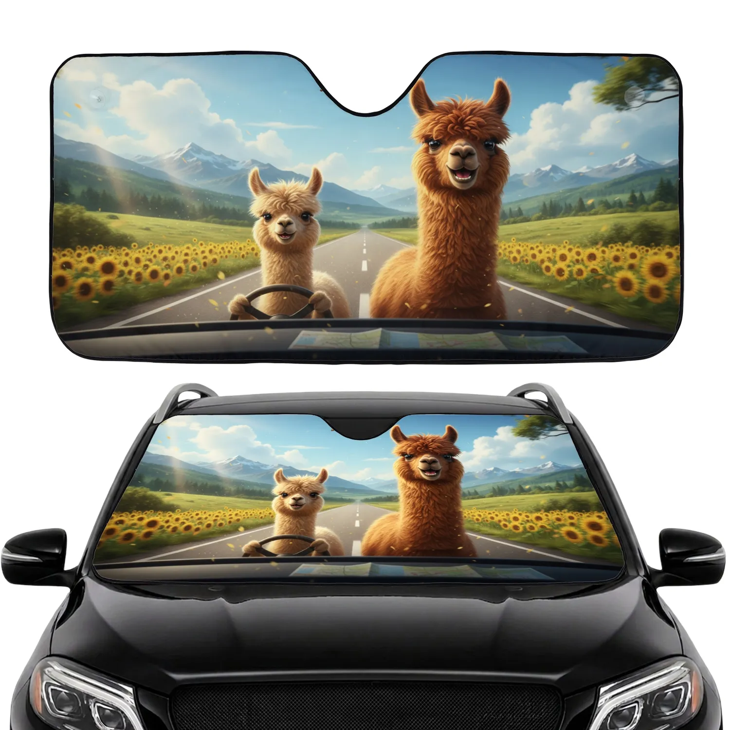Alpacas Road Trip Green Hills Highway - Travel Essentials for Alpaca Lover Car Sunshade - 1