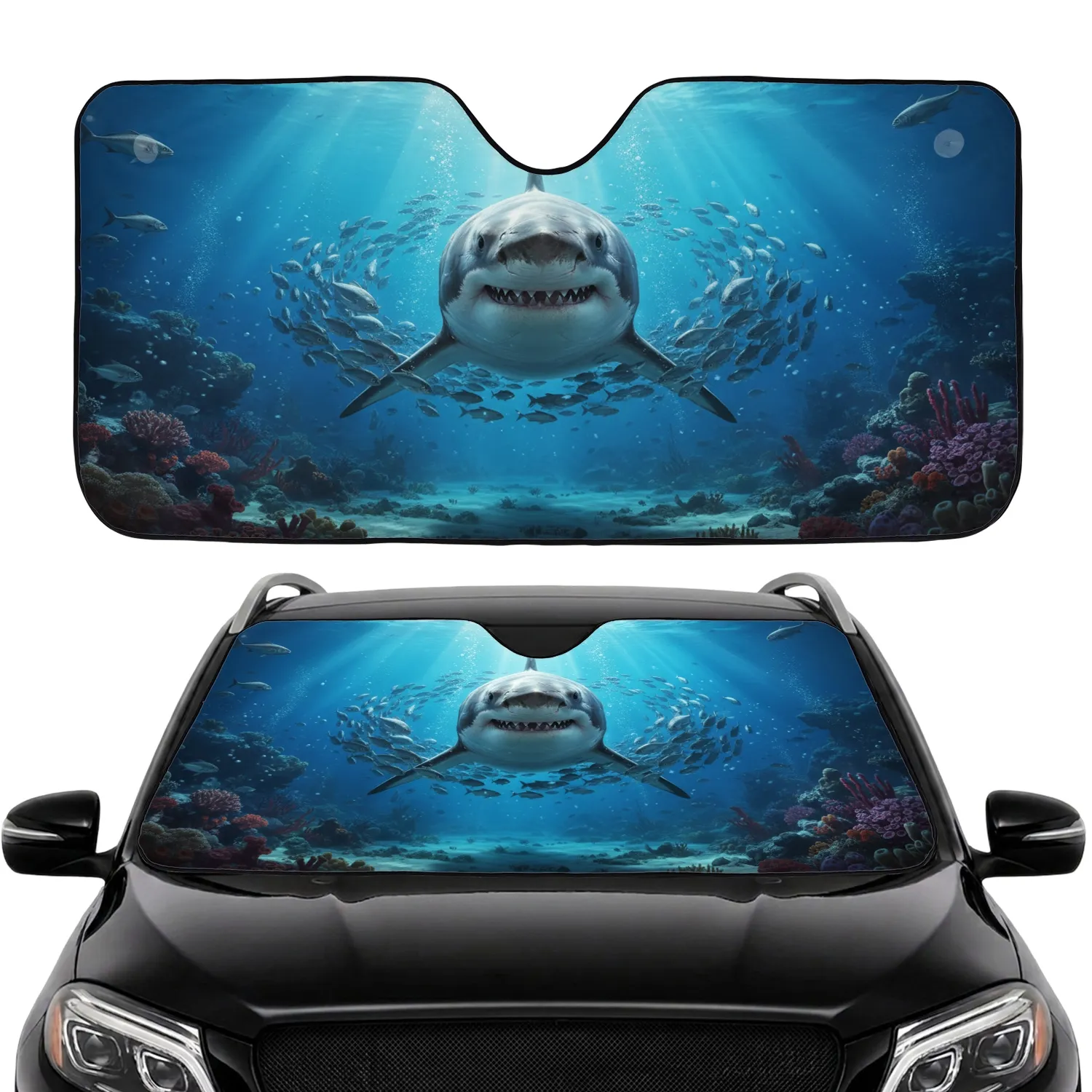 Powerful Great White Shark Silver Fish Coral Reef Ocean Sunbeams - Essential Car Upgrade Car Sunshade - 1