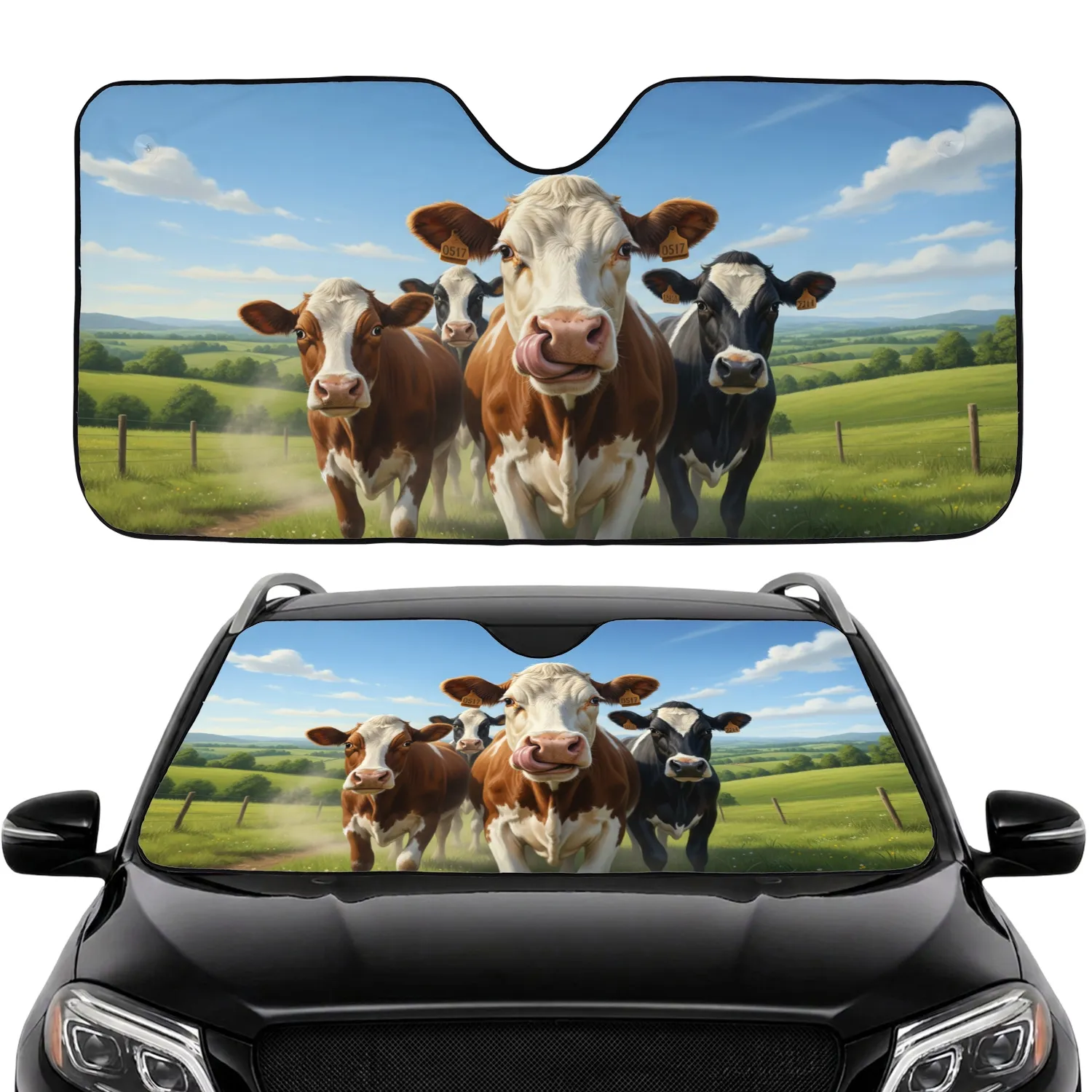 Curious Humorous Cows Green Pasture - Road Trip Essentials Cow Lover Gift Car Sunshade - 1