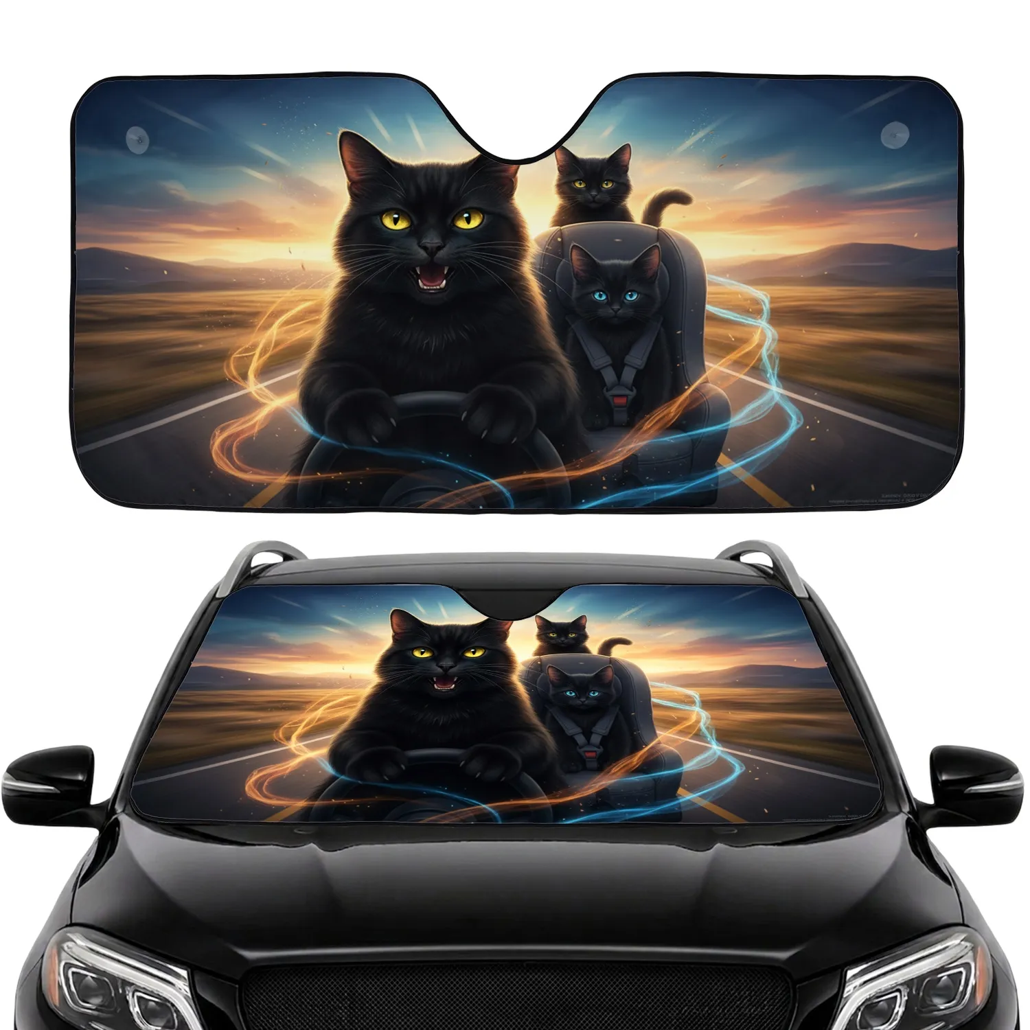 Black Cats Driving Adventure Kitten Car Seat - Road Trip Gift for Pet Owners Car Sunshade - 1