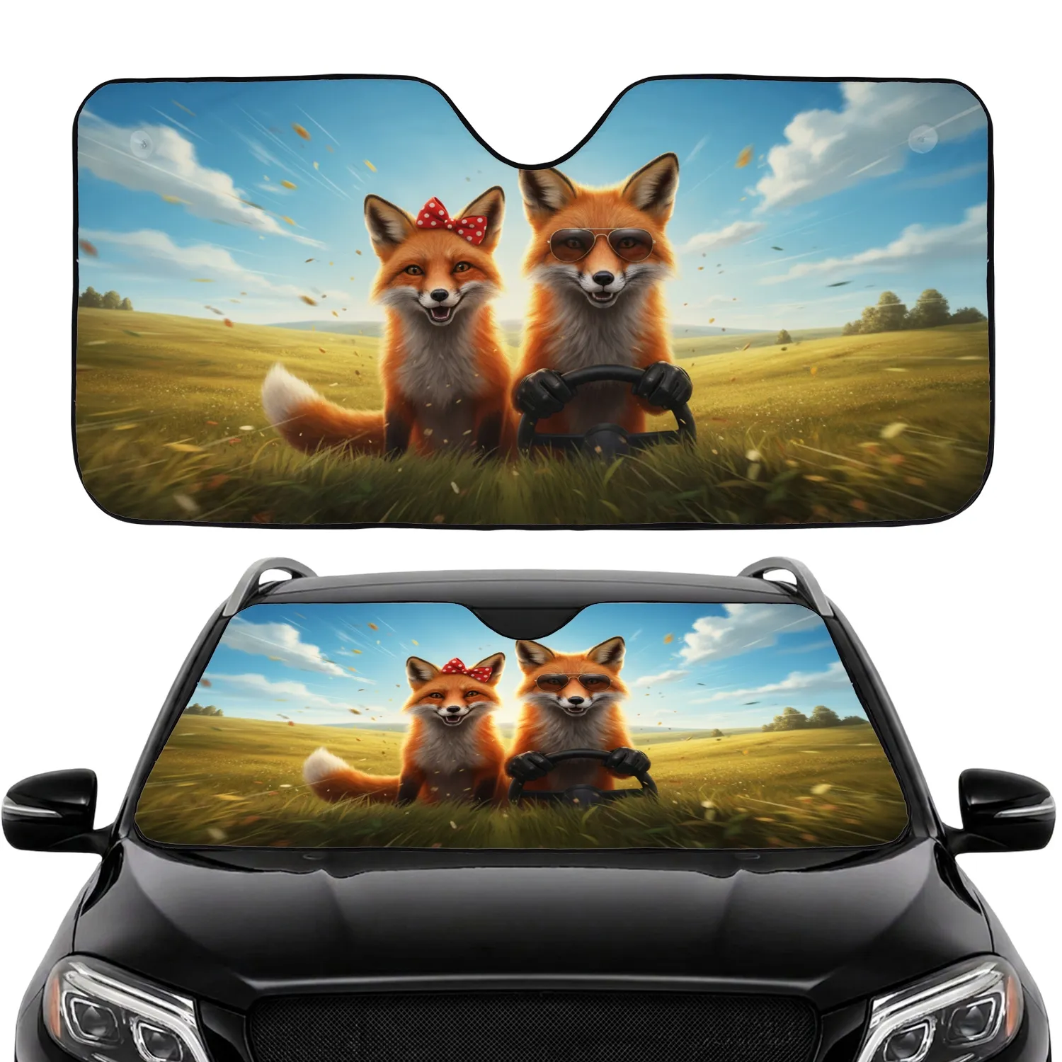Driving Red Foxes Scenic Landscape Adventure - Road Trip Accessory Car Sunshade - 1