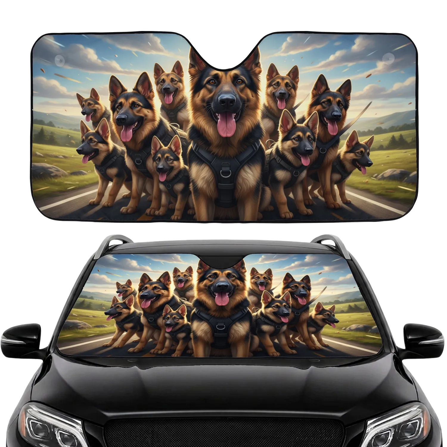 German Shepherds with Puppies Road Trip - Travel Essentials Gift for Dog Lovers Car Sunshade - 1