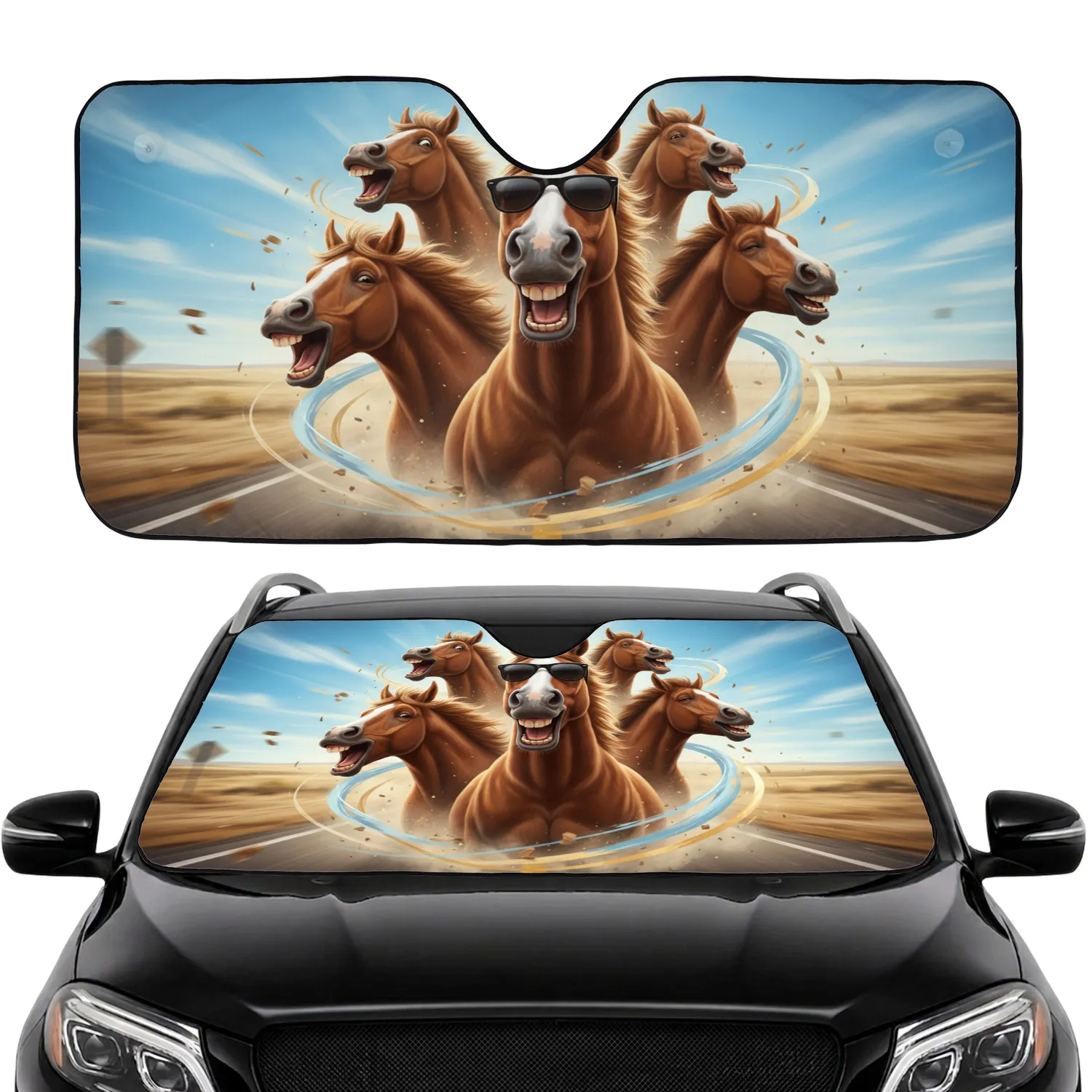 Four Brown Laughing Horses in Sunglasses - Road Trip Essentials for Horse Lover Car Sunshade - 1