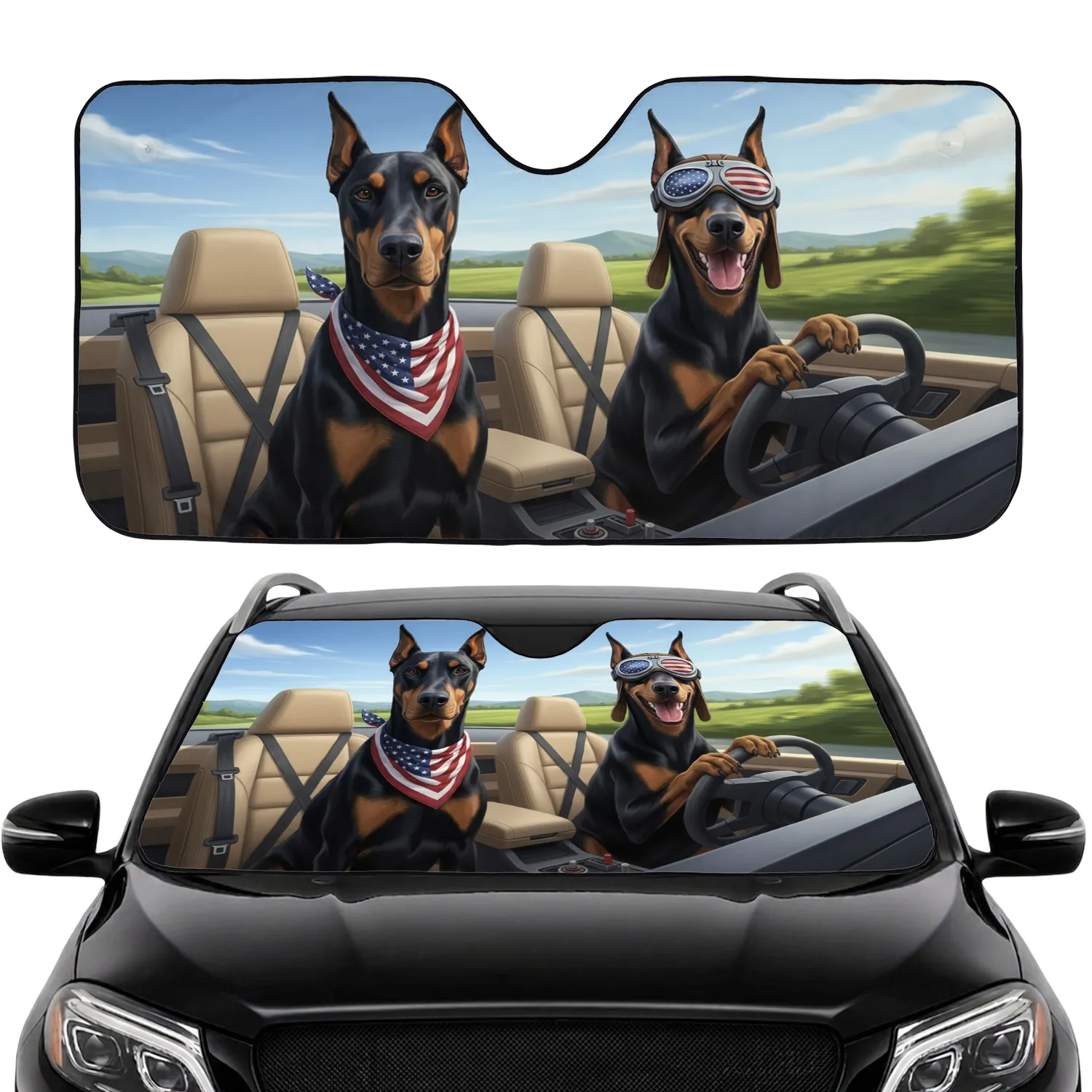 Doberman American Flag Goggles - Road Trip Gift Car Interior Upgrade Car Sunshade - 1