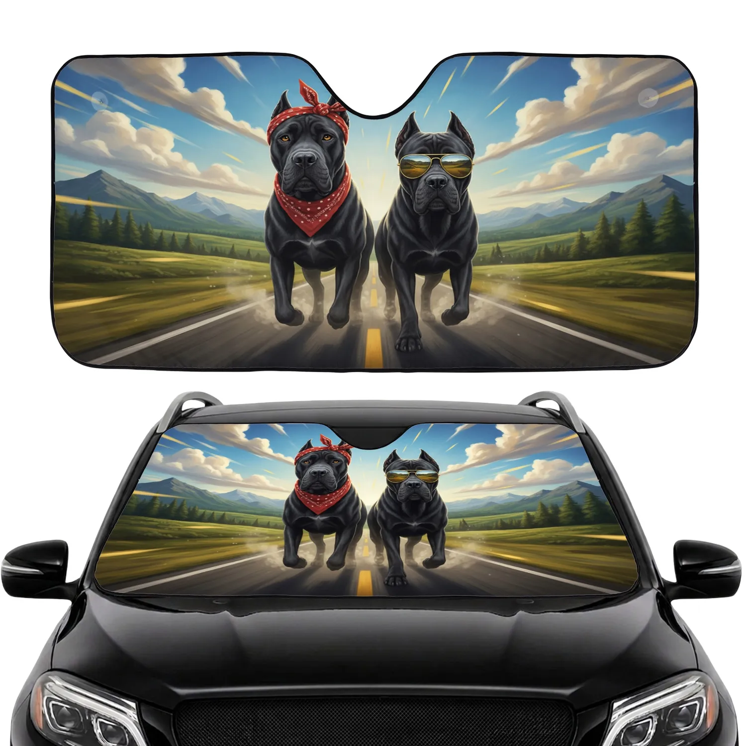 Black Cane Corso Dogs Red Bandana Gold Sunglasses - Road Trip Gift for Dog Lover Car Sunshade - 1