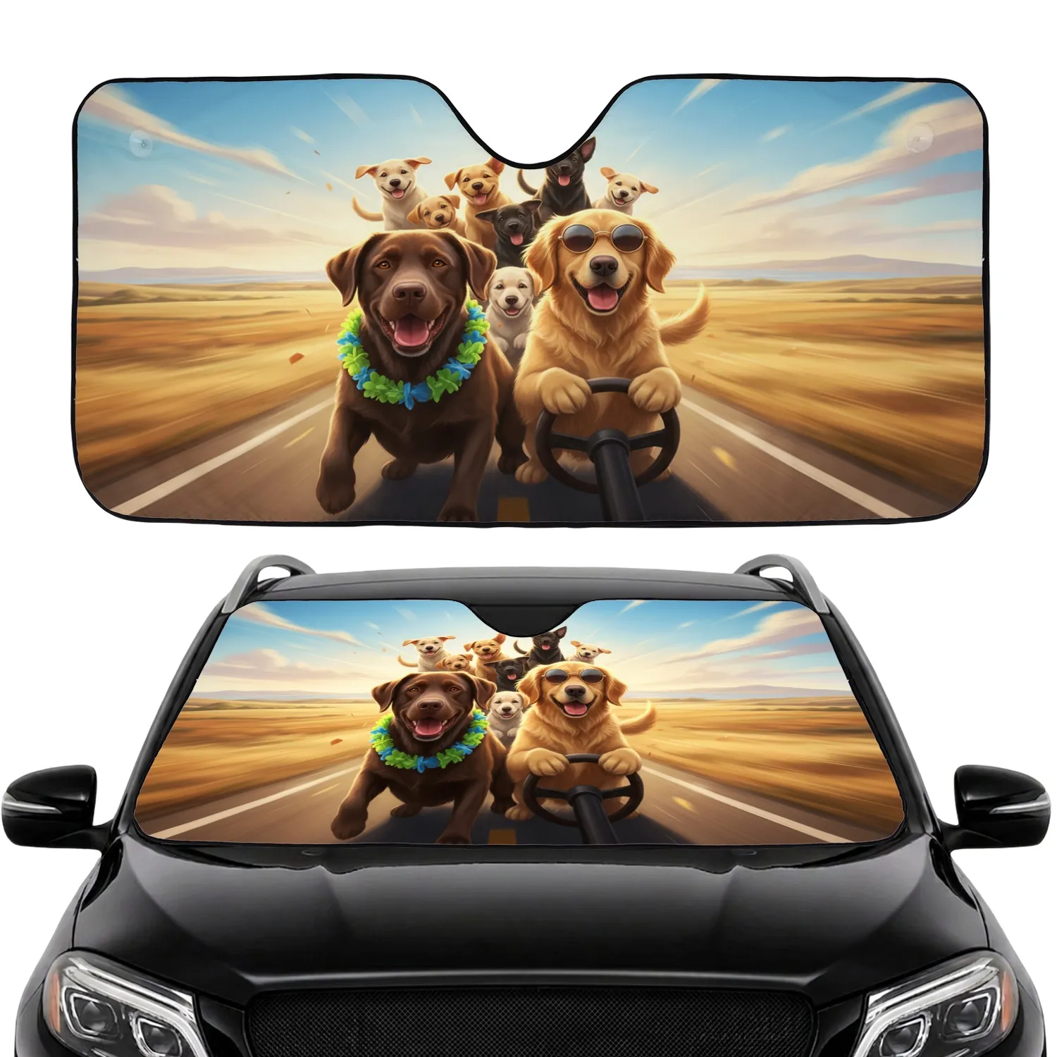 Labrador Golden Retriever Driving Dogs Summer Road Trip Gift for Dog Lovers Car Sunshade - 1
