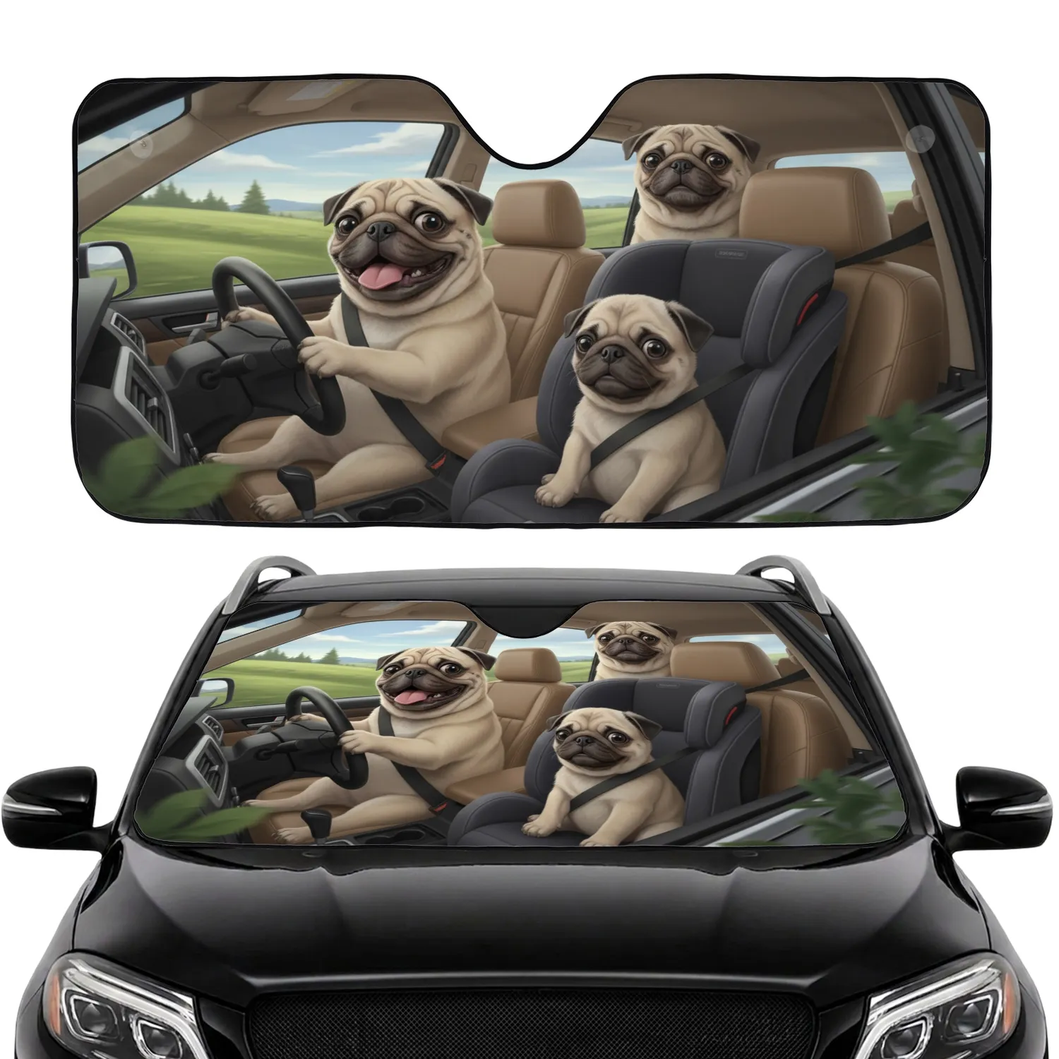 Three Pugs Road Trip Car Interior Green Hills - Travel Essentials for Pug Lovers Car Sunshade - 1